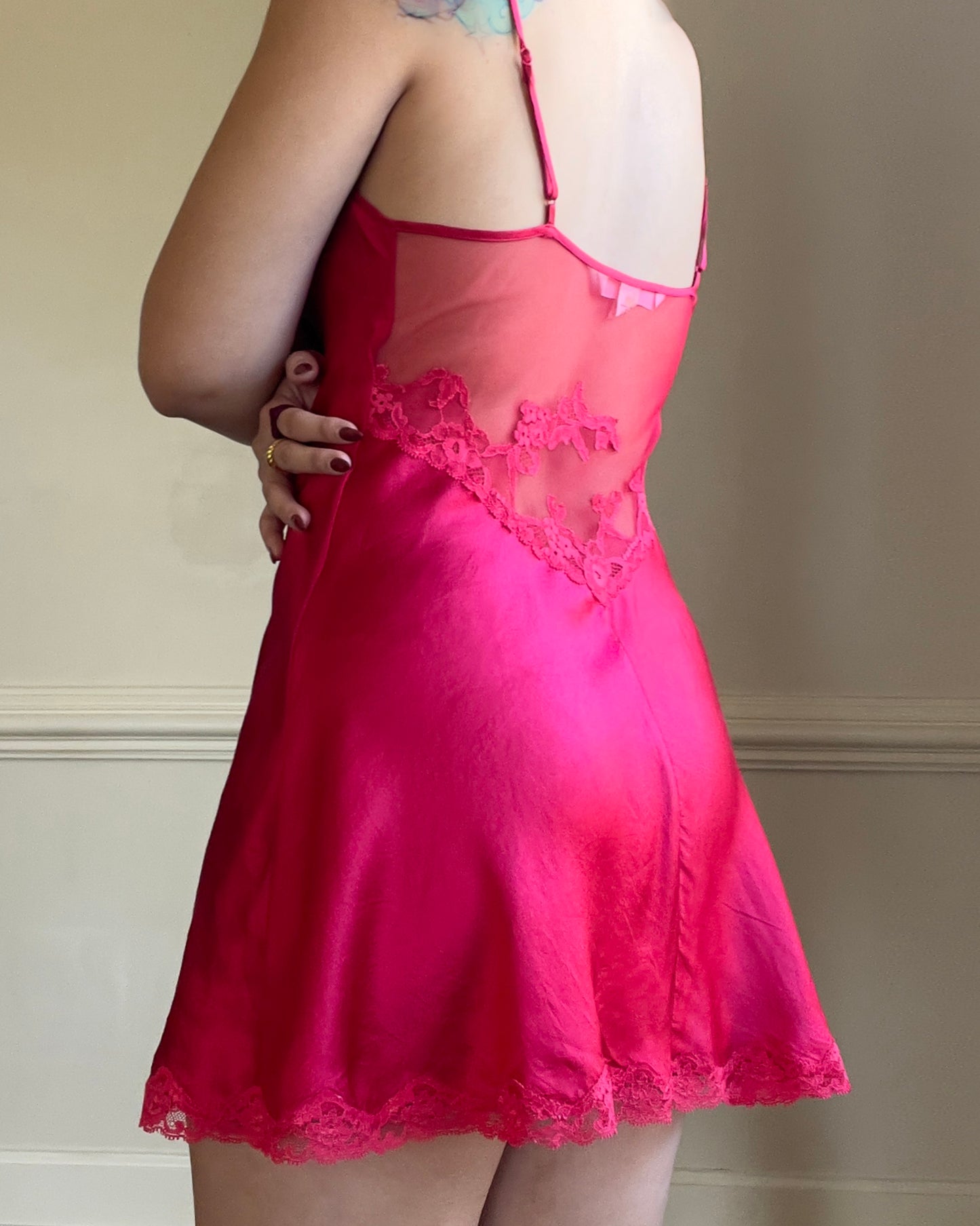 Victoria’s Secret Tulip Red Silk Slip with Floral Lace