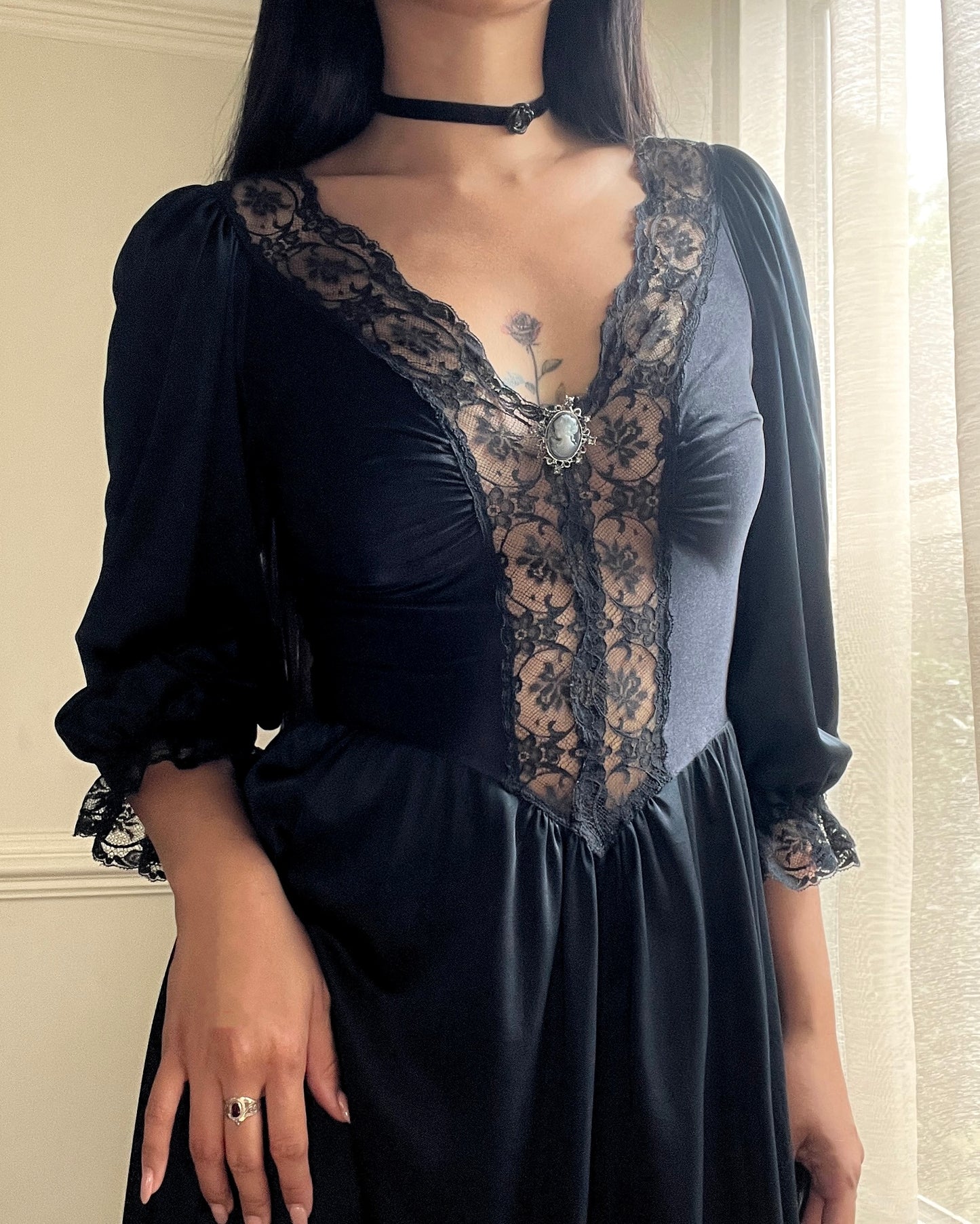 Dark Victorian Maxi Dress featuring Intricate Lace Bodice Details