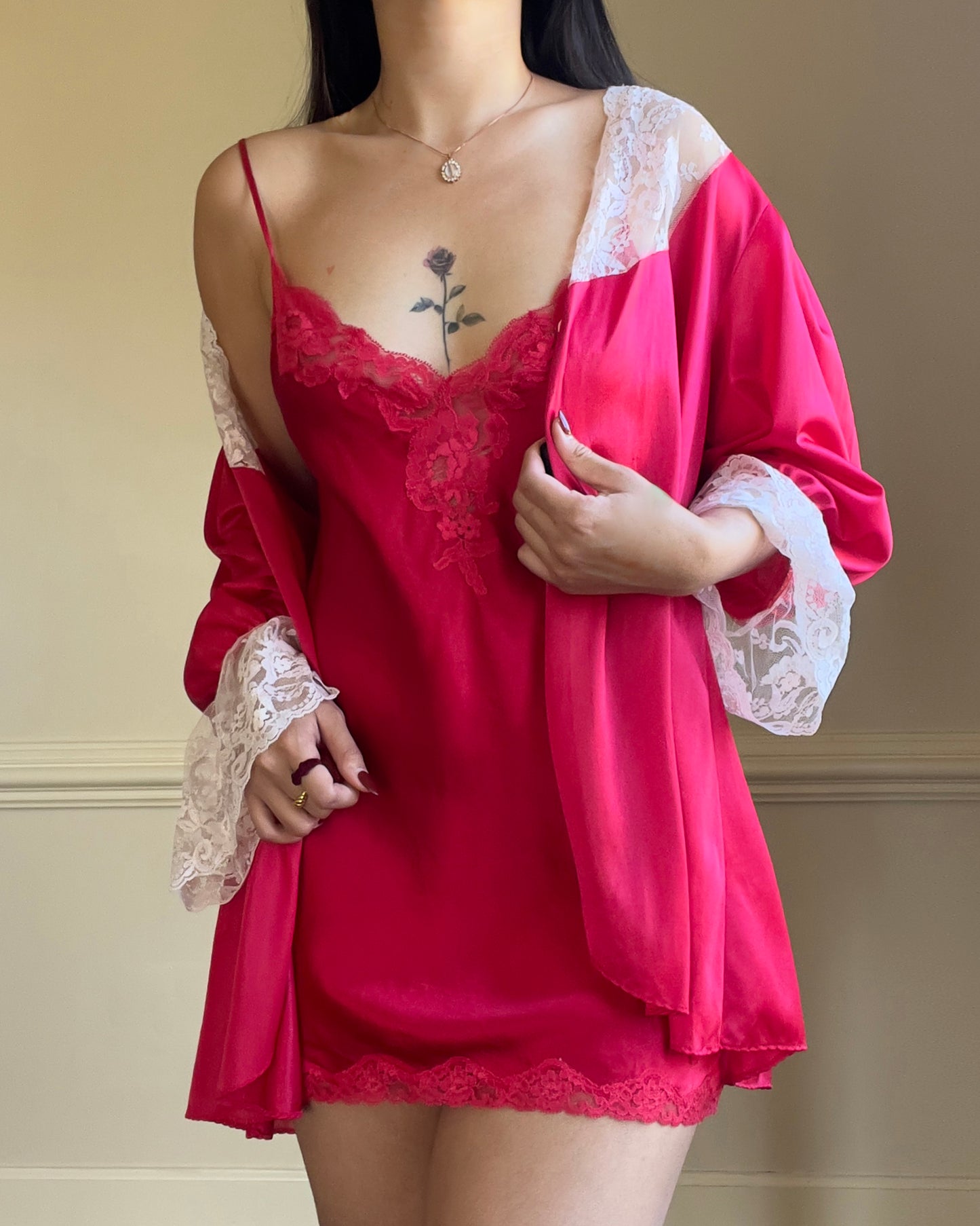 Vintage Silk Red Night Robe features Beautiful Lace Embroidery Collar
