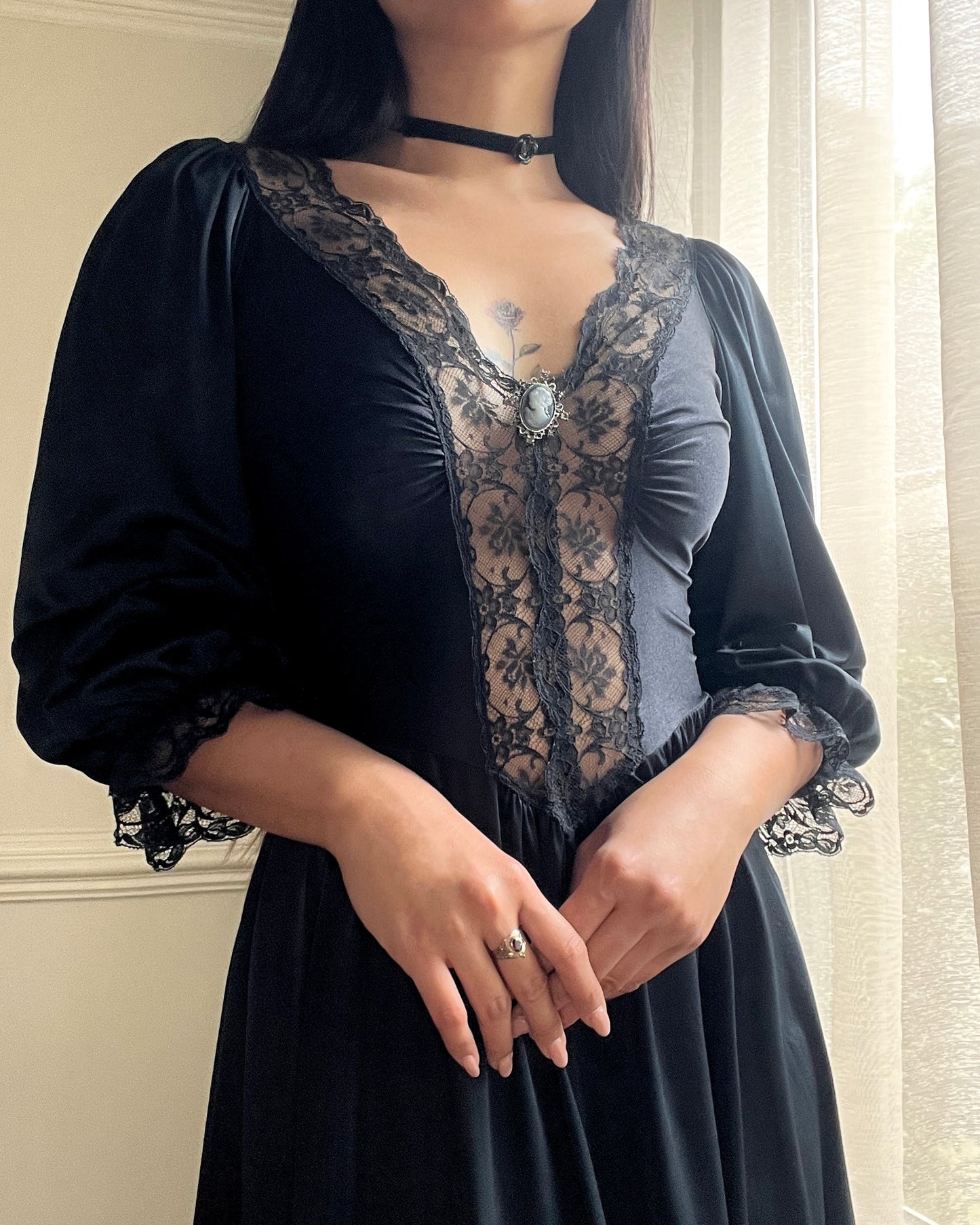 Dark Victorian Maxi Dress featuring Intricate Lace Bodice Details