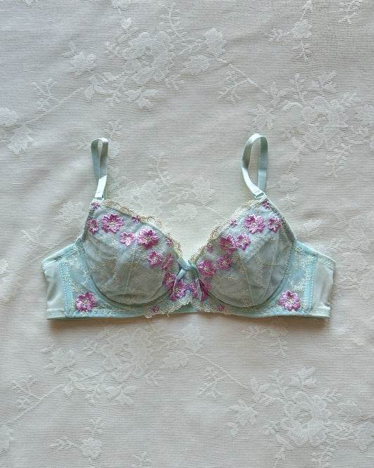 Baby blue Japanese brassiere featuring purple embroidered flowers