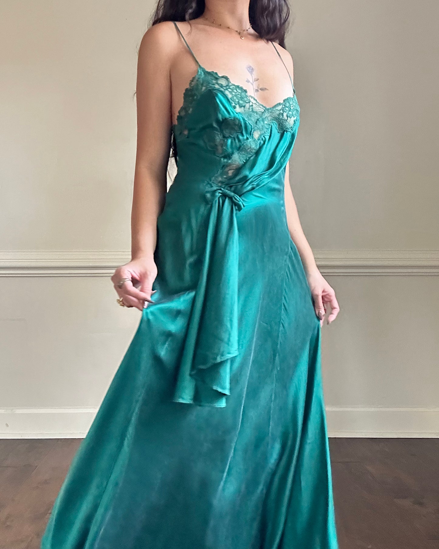 Victoria's Secret emerald maxi dress featuring floral embroidery bust