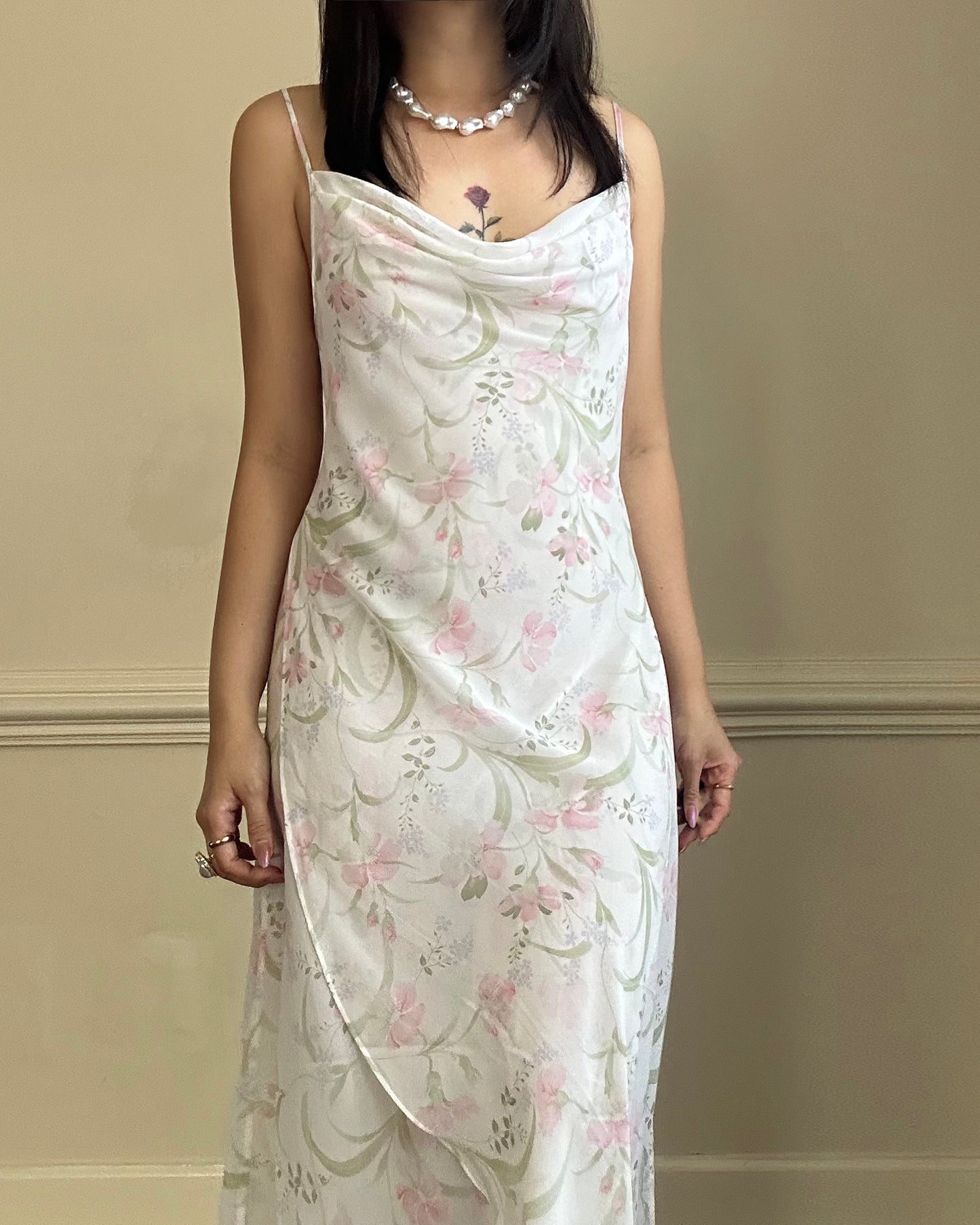 Vintage floral slip dress featuring a soft cowl neckline