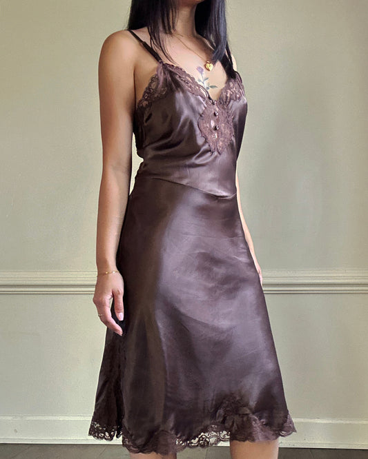 Vintage Dior brown satin lace midi slip dress