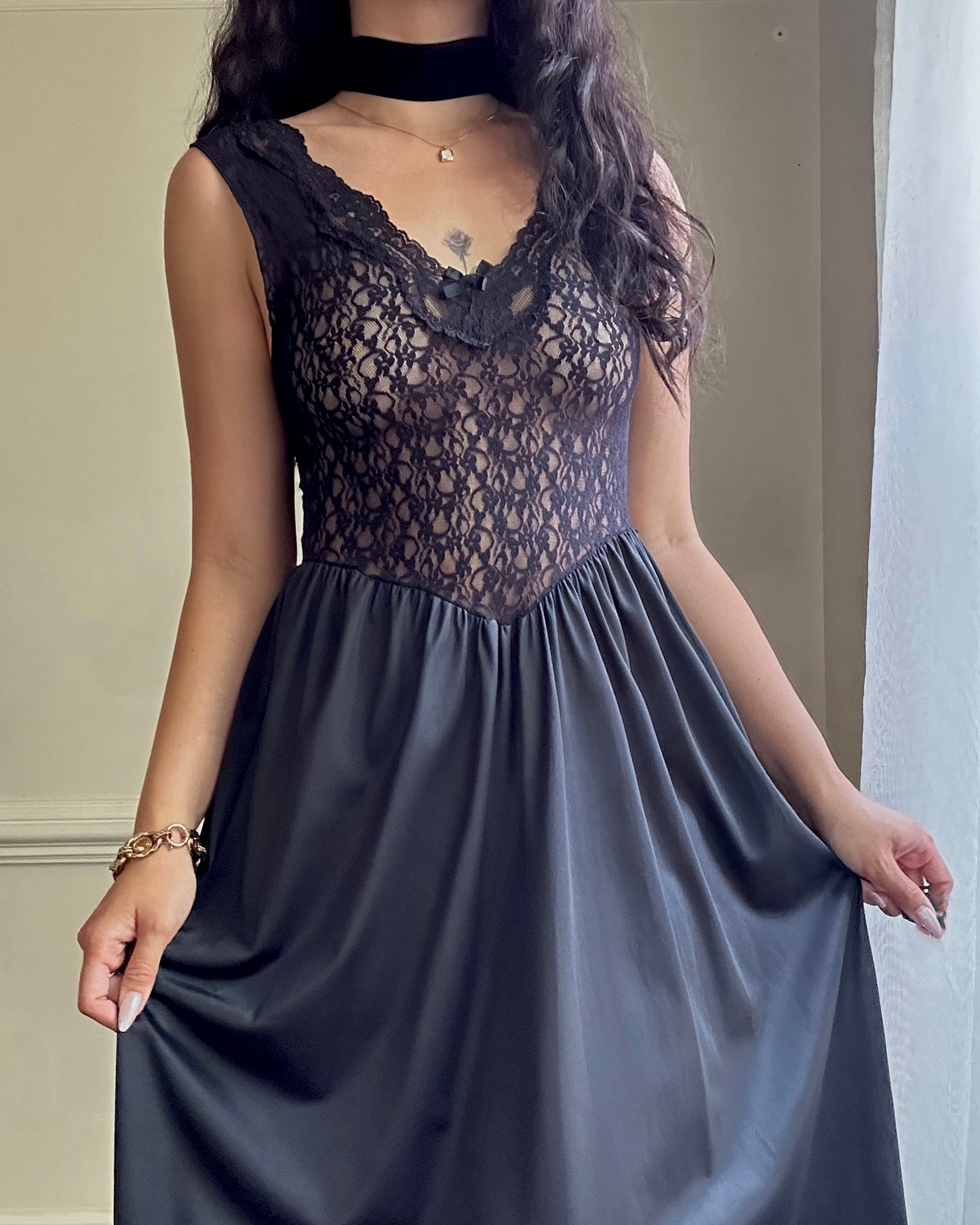 Dark Feminine Midi Dress featuring Complete Sheer Lace Bodice