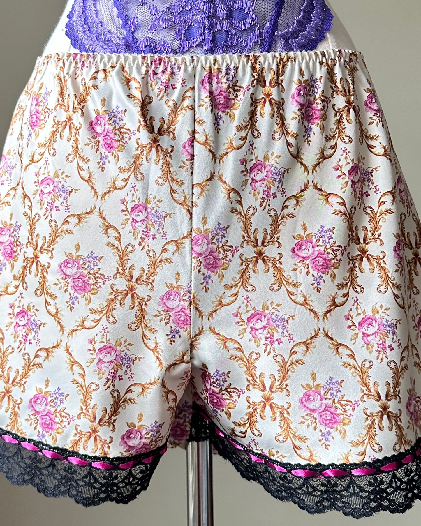 Satin Short featuring Brocade Pattern with Lace Trimmings