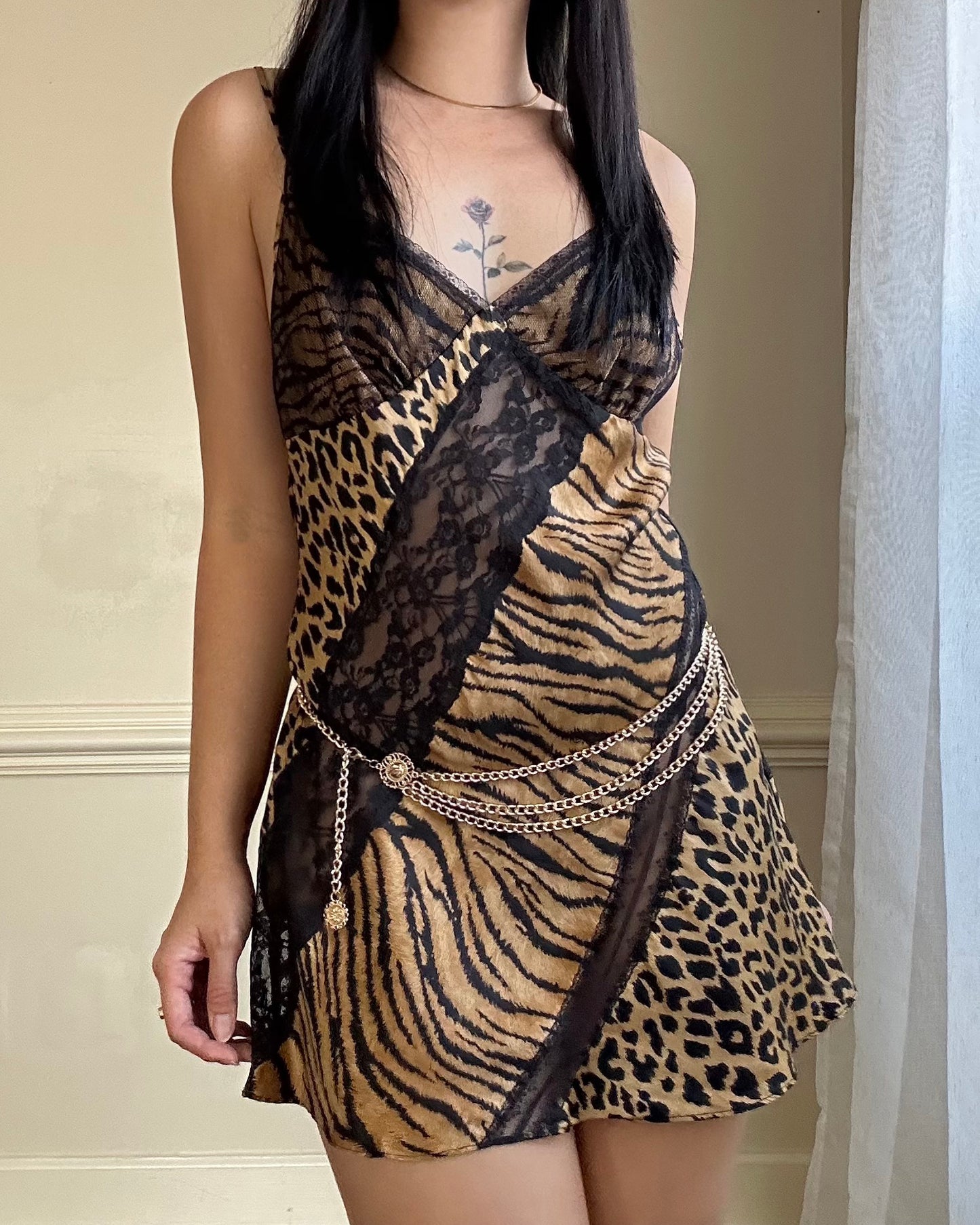 Victoria Secret’s Wild Animal Prints Slip Dress featuring Diagonal Sheer Lace Cutout