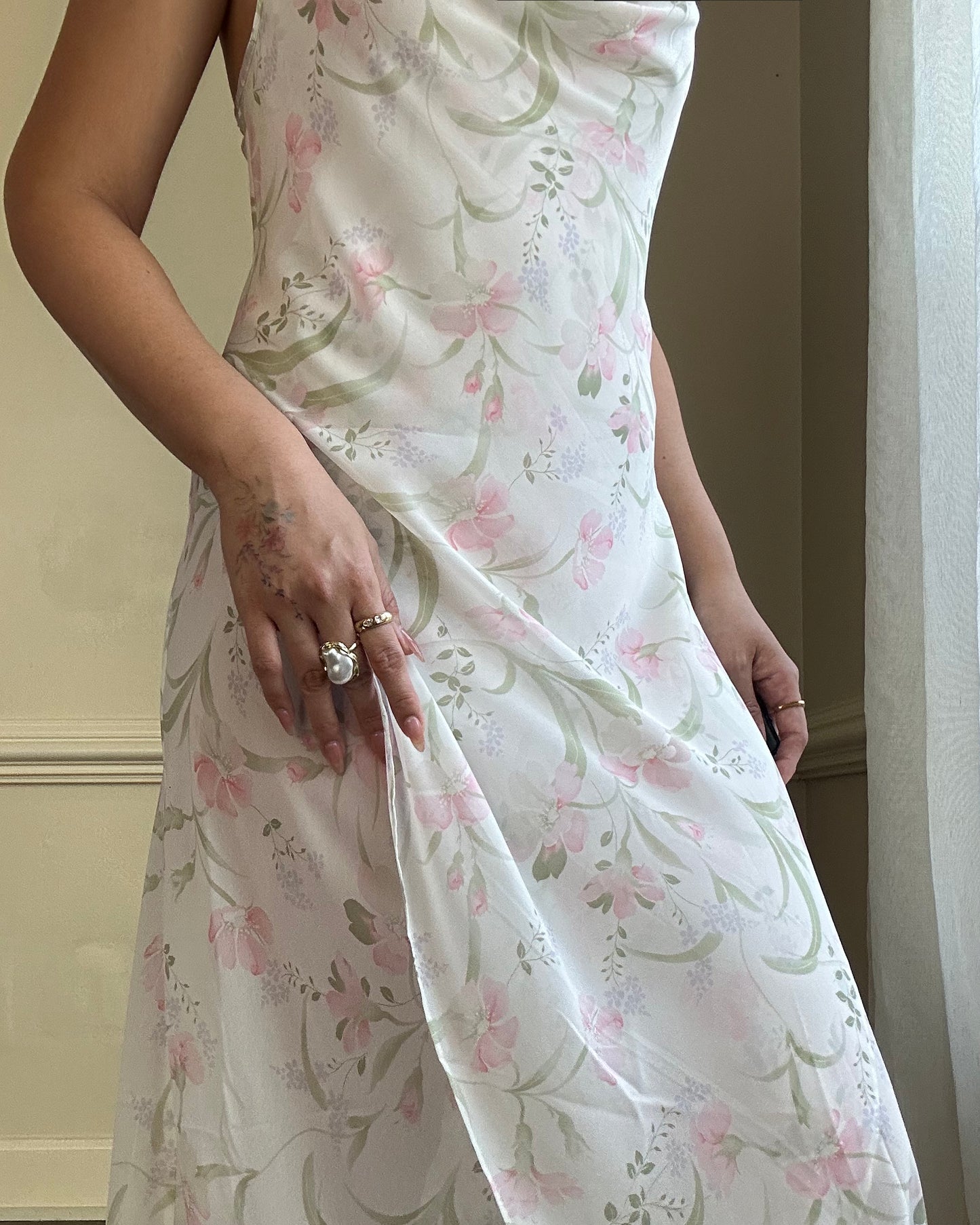 Vintage floral slip dress featuring a soft cowl neckline