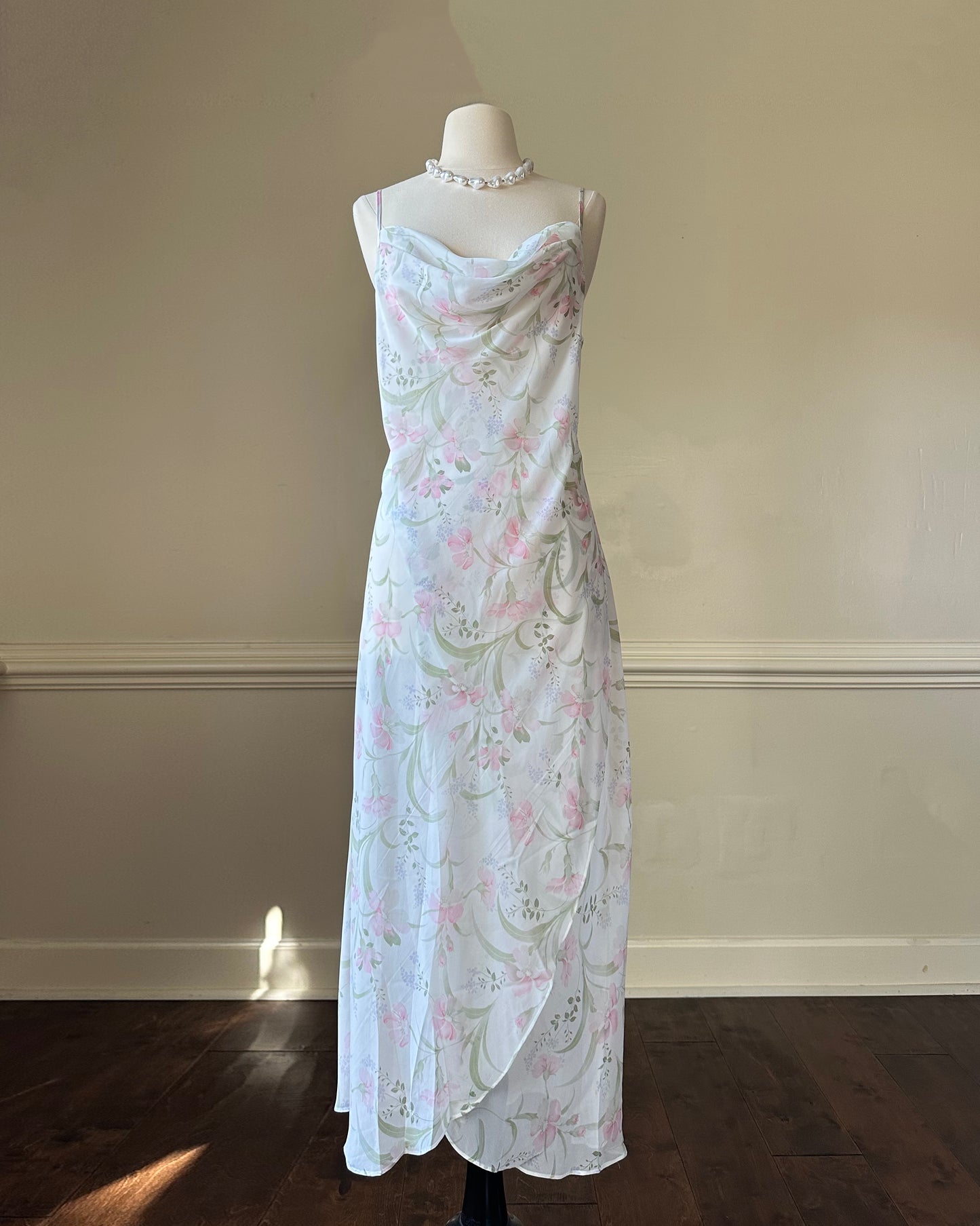 Vintage floral slip dress featuring a soft cowl neckline