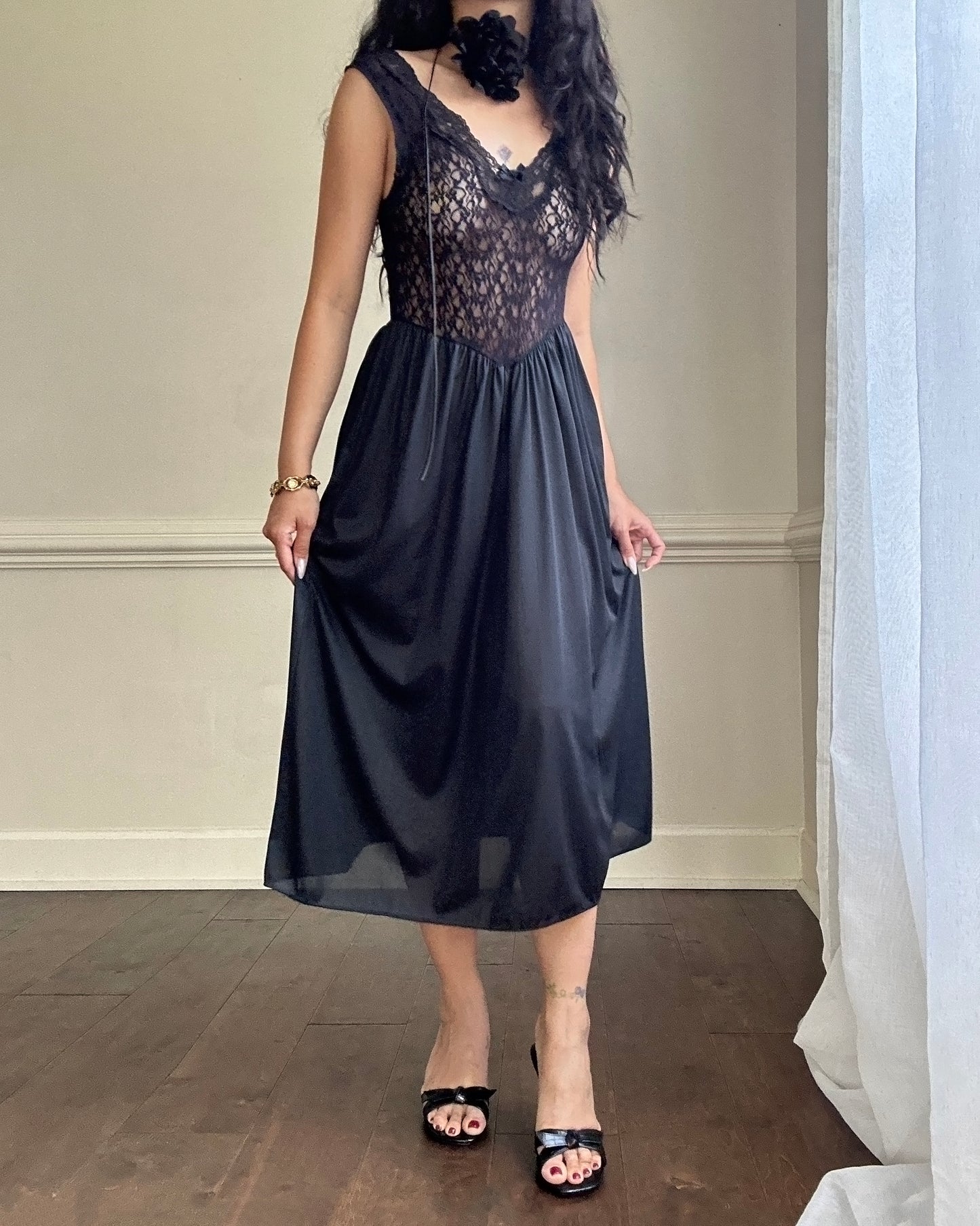 Dark Feminine Midi Dress featuring Complete Sheer Lace Bodice