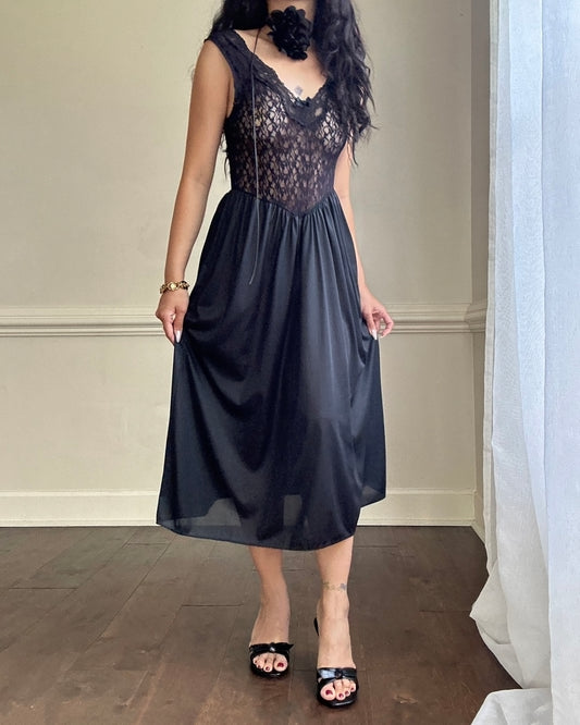 Dark Feminine Midi Dress featuring Complete Sheer Lace Bodice