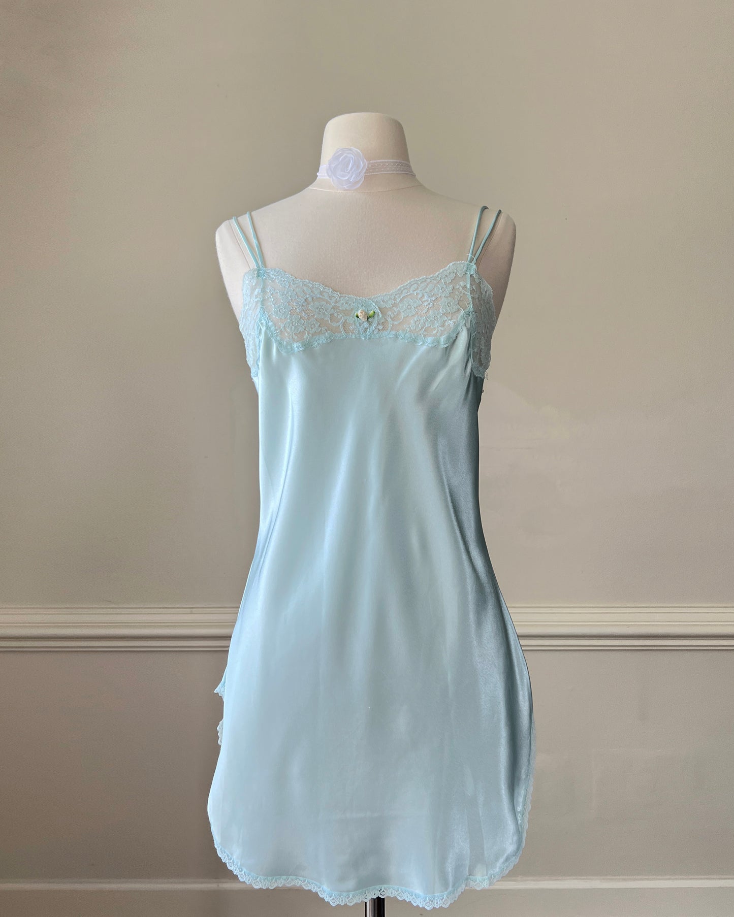 Vintage Victoria’s Secret baby blue mini slip with rosebud detail