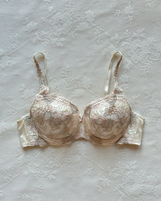Vintage cream Japanese brassiere featuring neutral intricate embroidered