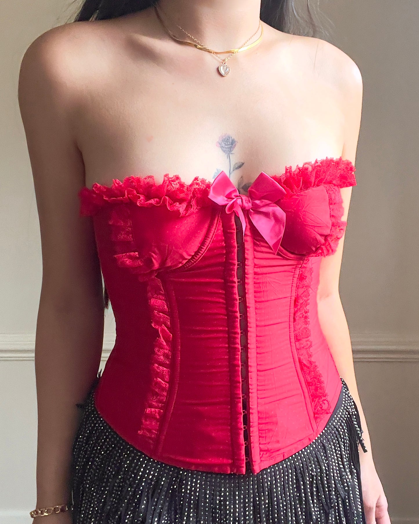 RARE Victoria’s Secret Strapless Bustier Corset in Ruby Red features Lace Sewn-in Cups Adorned with Bow