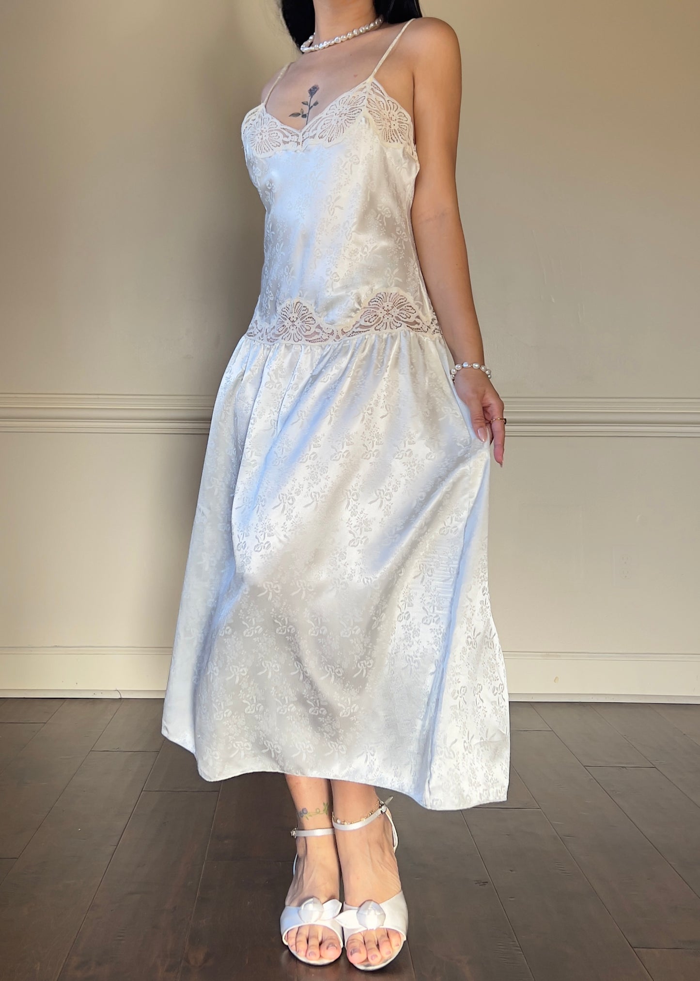 Vintage Floral Embossed Maxi Night Slip featuring Laced Details