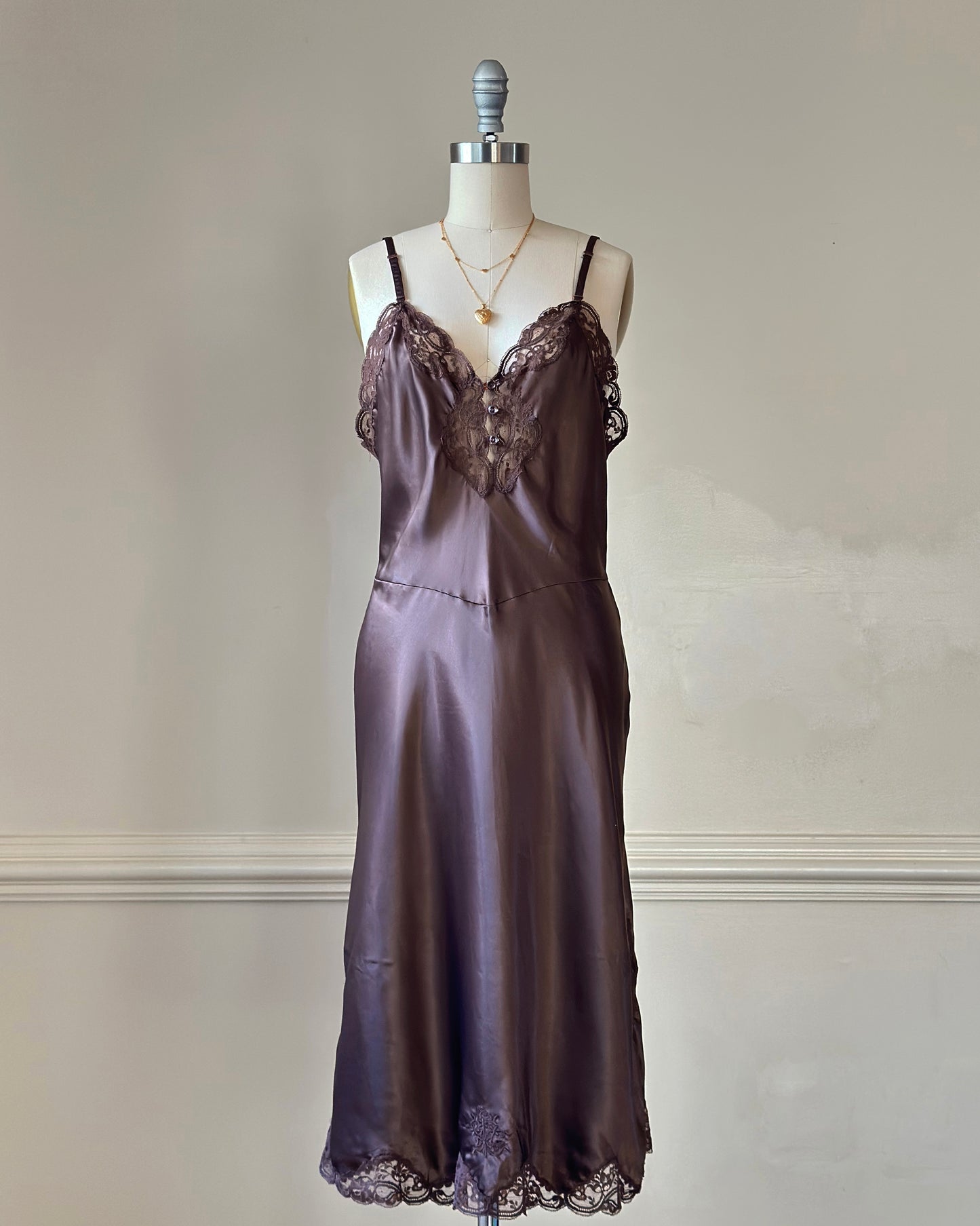 Vintage Dior brown satin lace midi slip dress