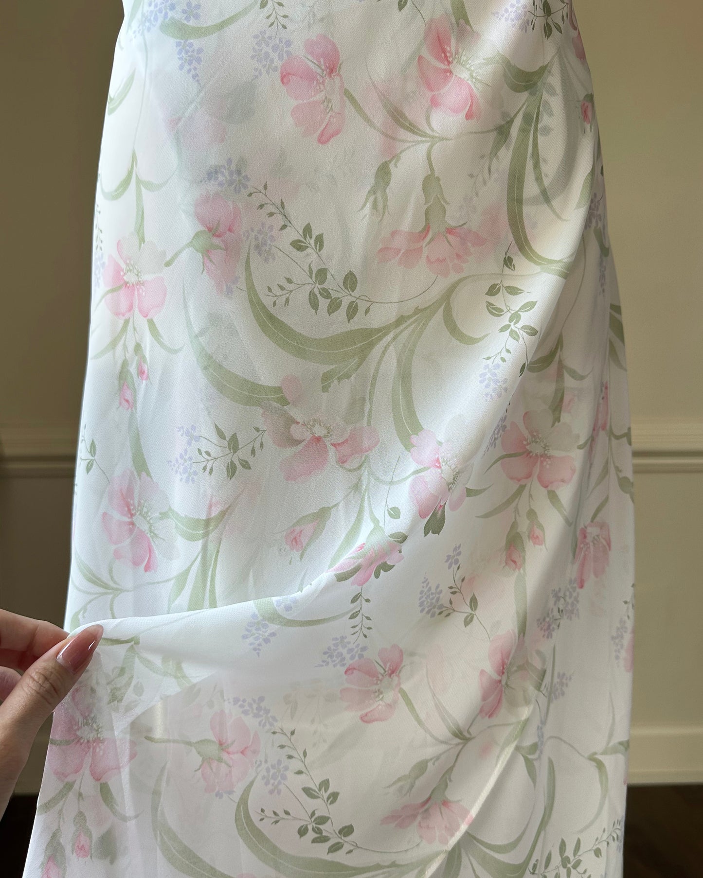 Vintage floral slip dress featuring a soft cowl neckline