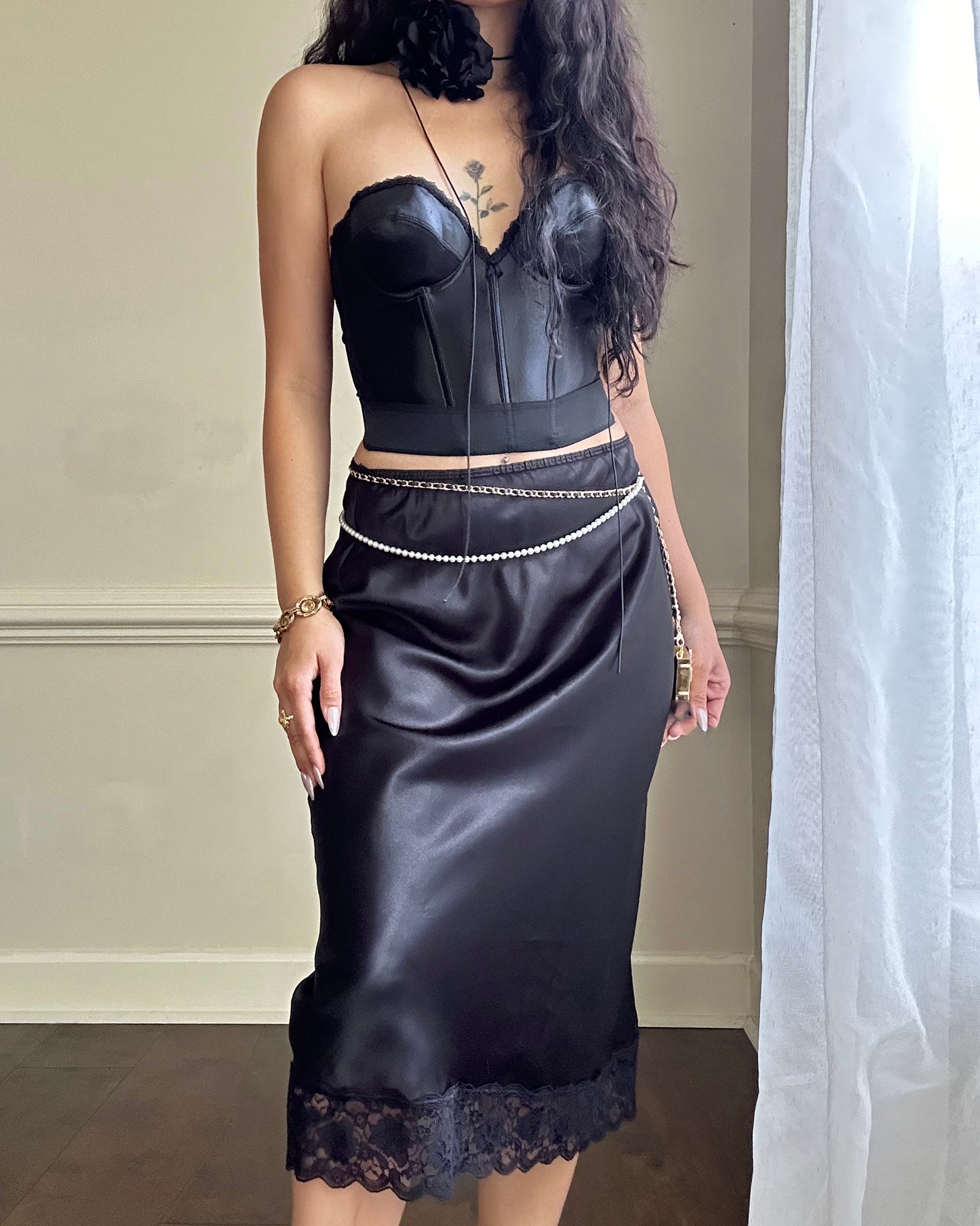 Sultry Midi Satin Skirt in Black featuring Floral Lace