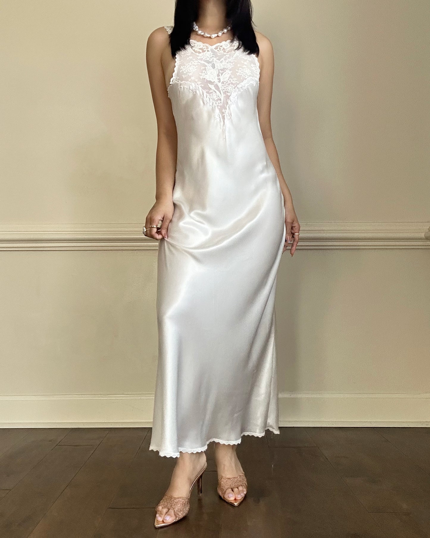 Vintage ivory satin slip dress with high neck and dreamy lace details
