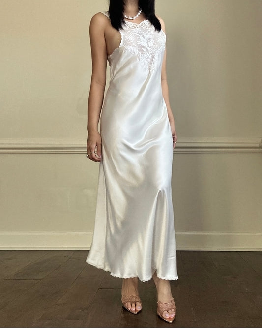 Vintage ivory satin slip dress with high neck and dreamy lace details