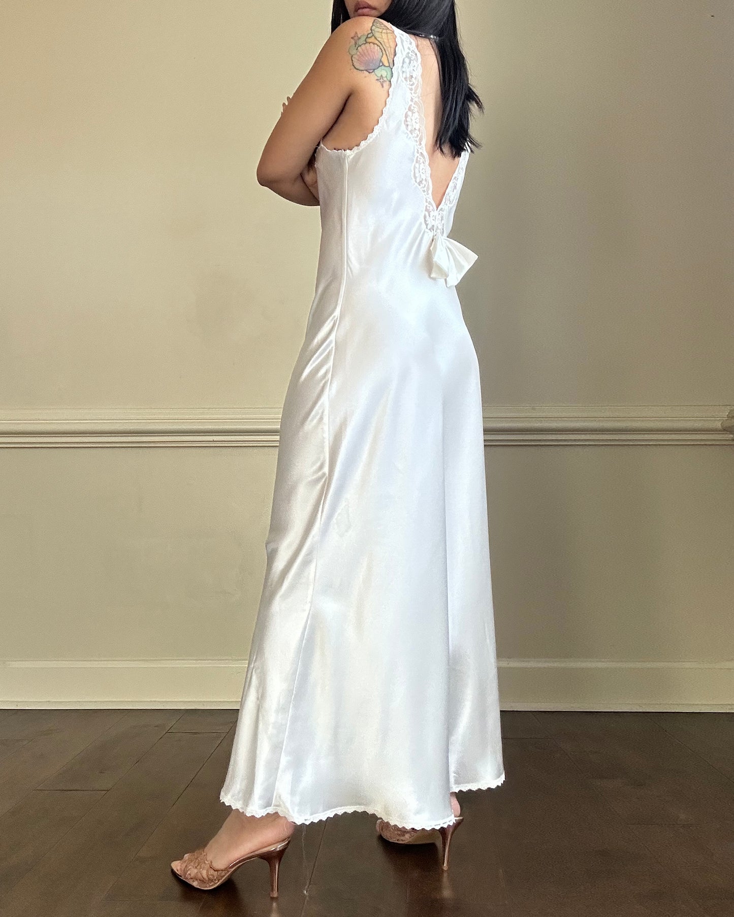 Vintage ivory satin slip dress with high neck and dreamy lace details