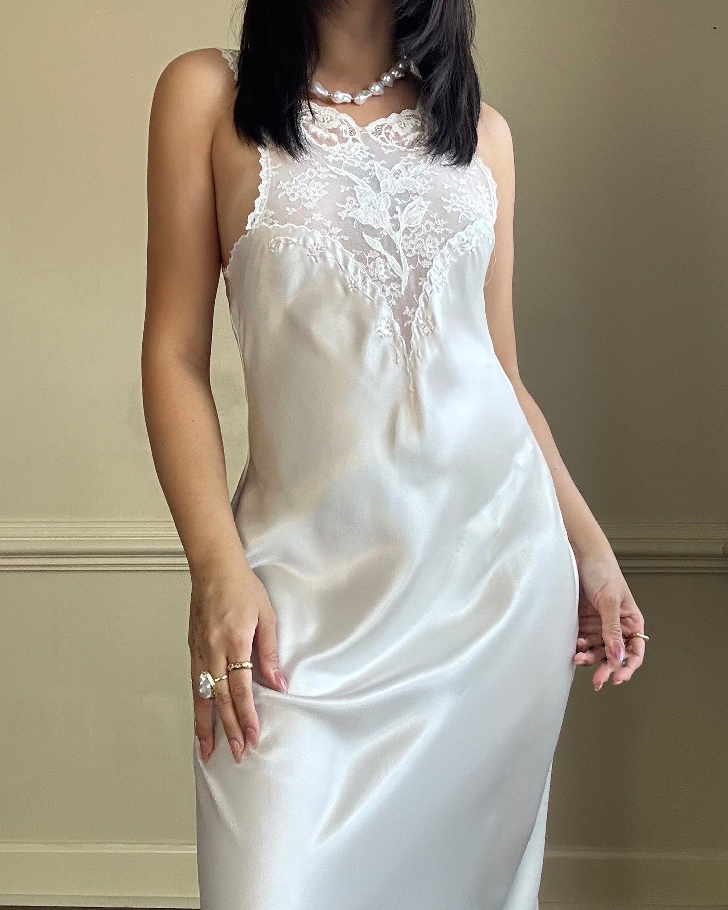 Vintage ivory satin slip dress with high neck and dreamy lace details