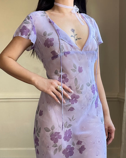 Stunning Vintage Sheer Purple Midi Dress featuring Watercolor Violet Prints
