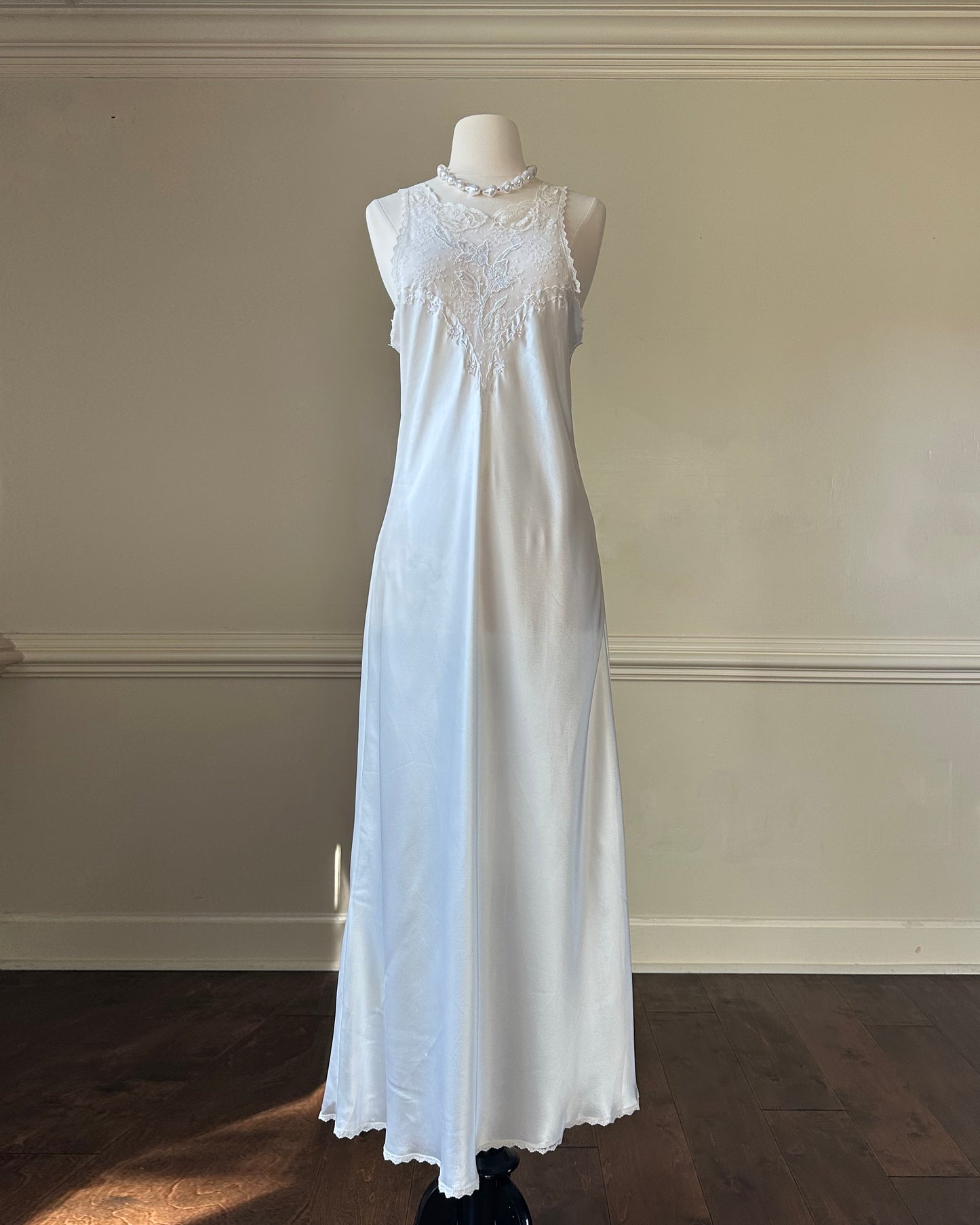 Vintage ivory satin slip dress with high neck and dreamy lace details