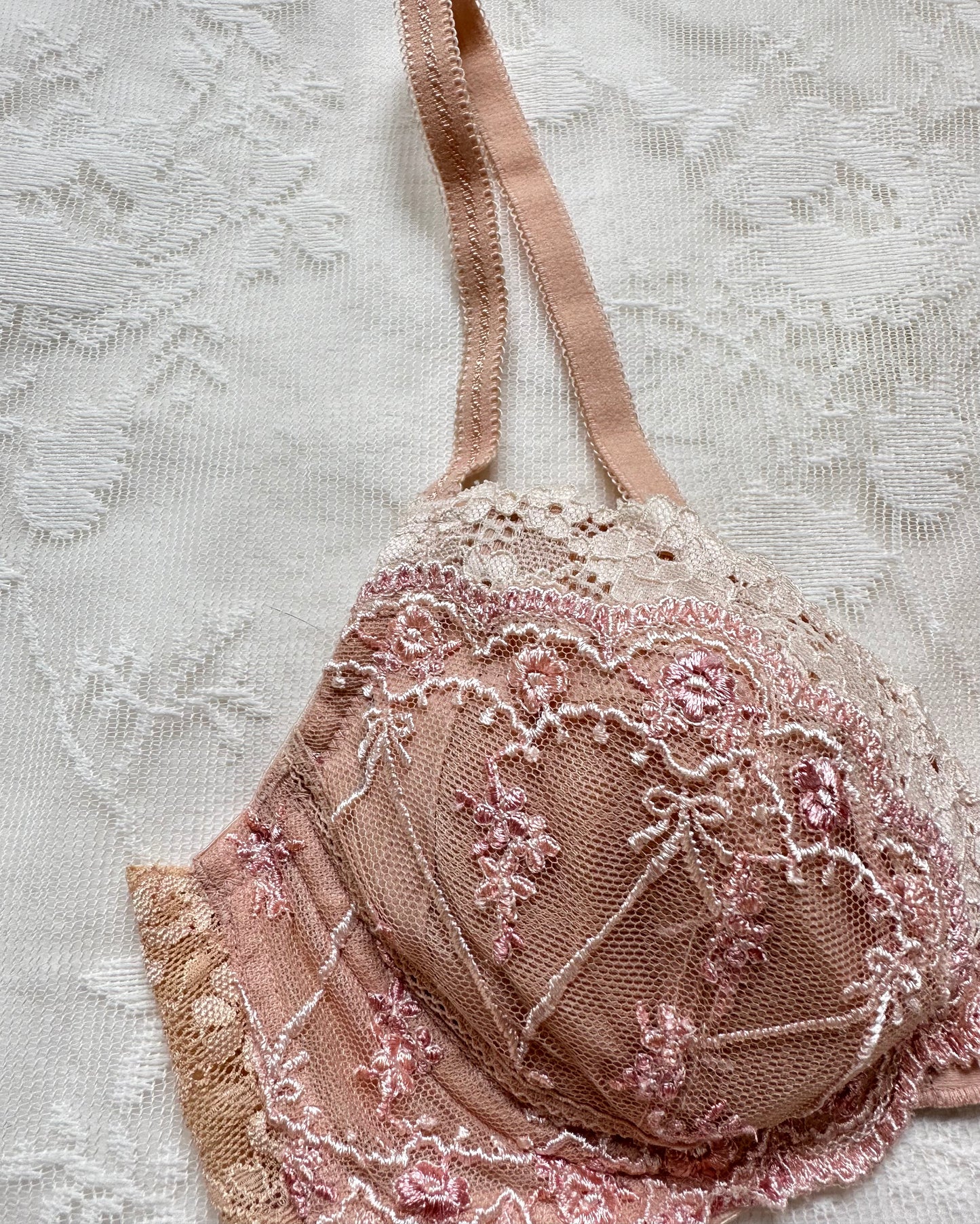 Elegant Vintage Rosy Bra with Ribbon Bows
