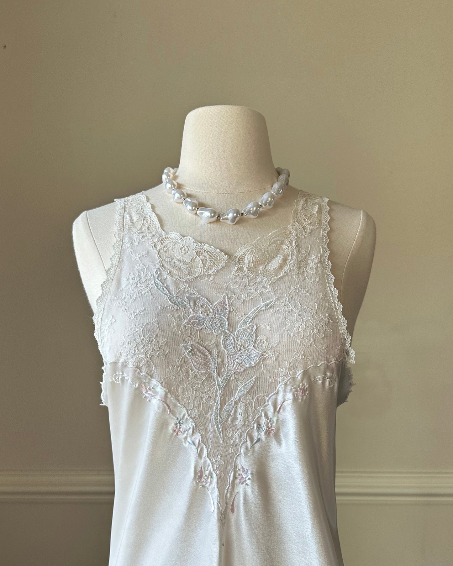 Vintage ivory satin slip dress with high neck and dreamy lace details