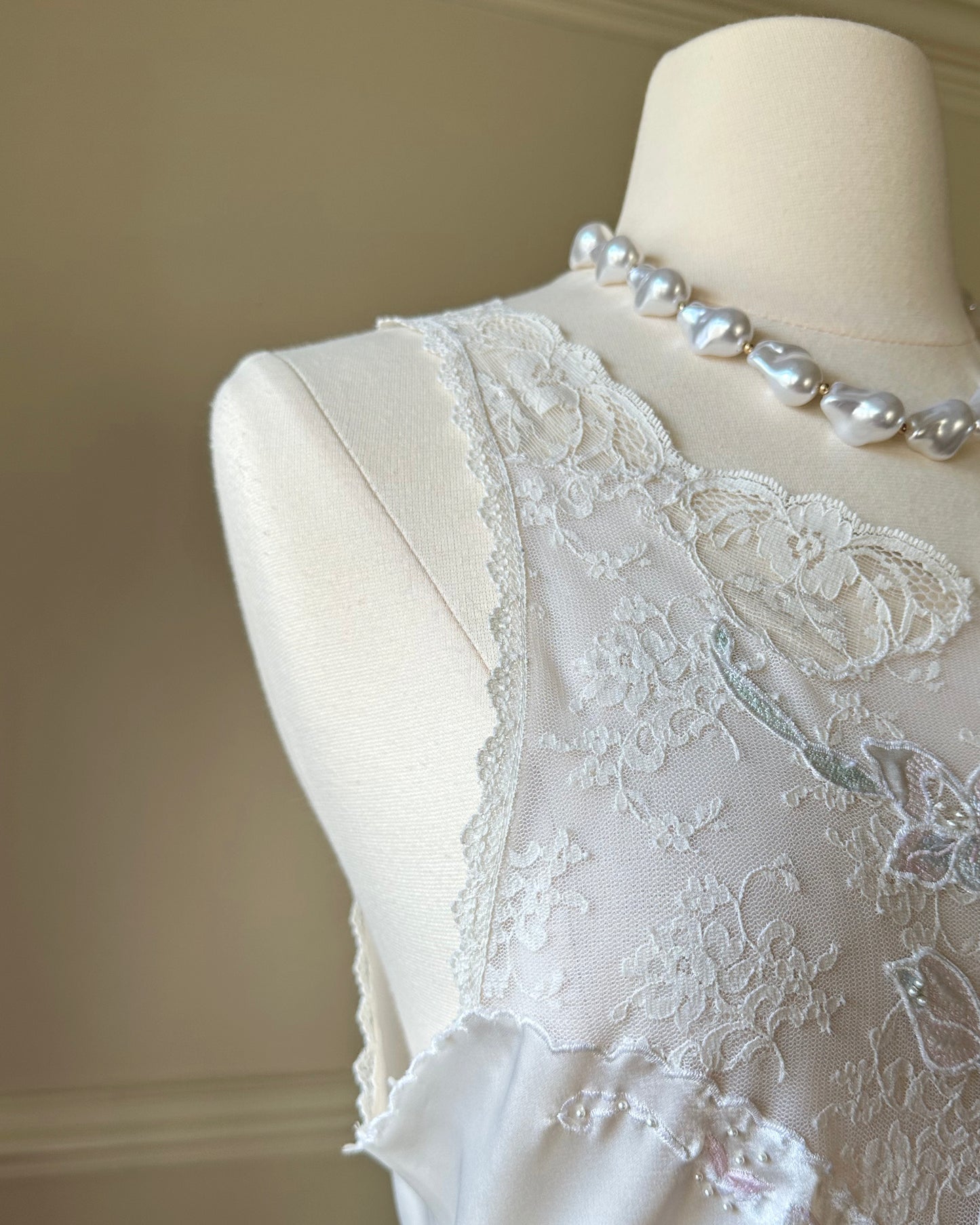 Vintage ivory satin slip dress with high neck and dreamy lace details