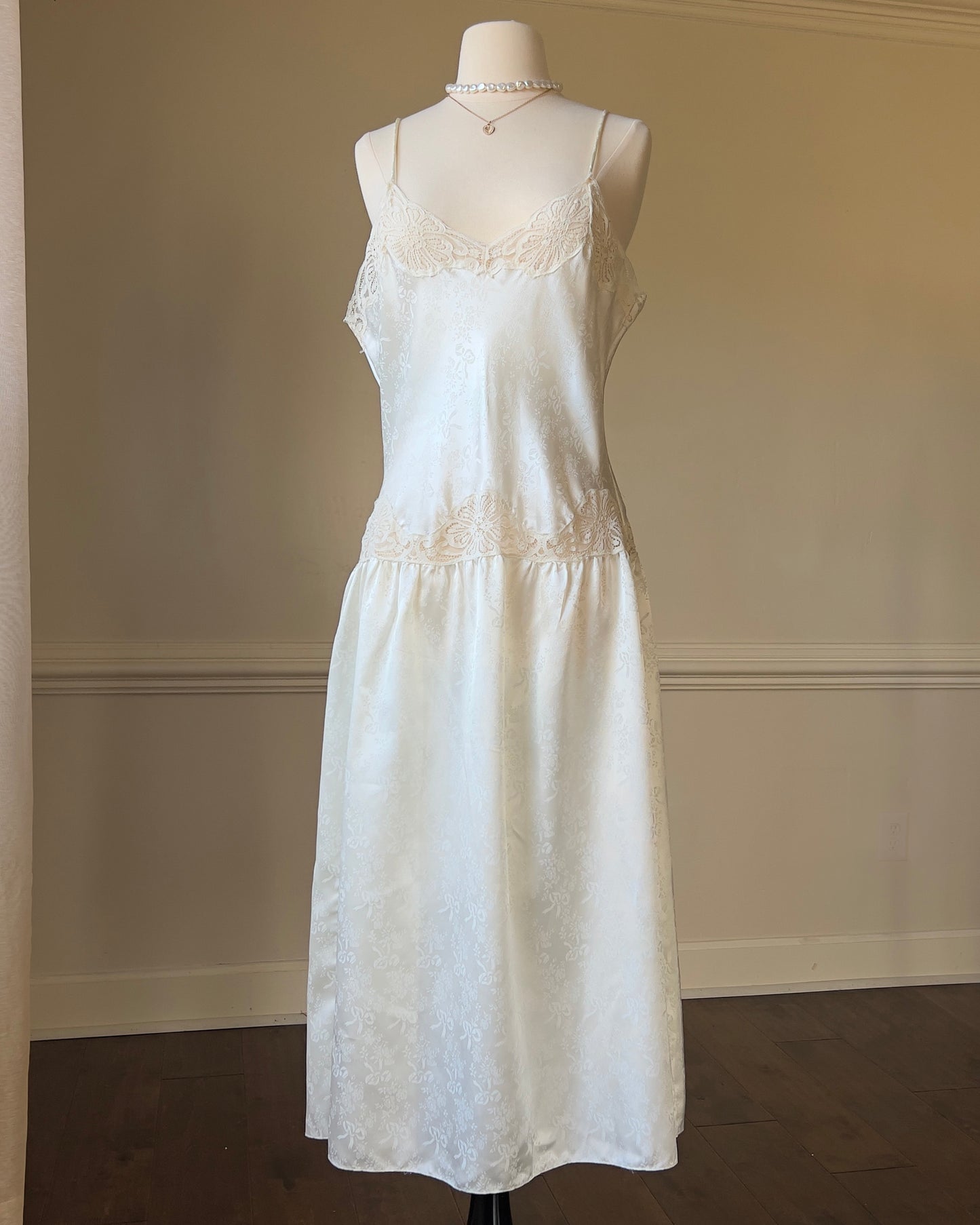 Vintage Floral Embossed Maxi Night Slip featuring Laced Details