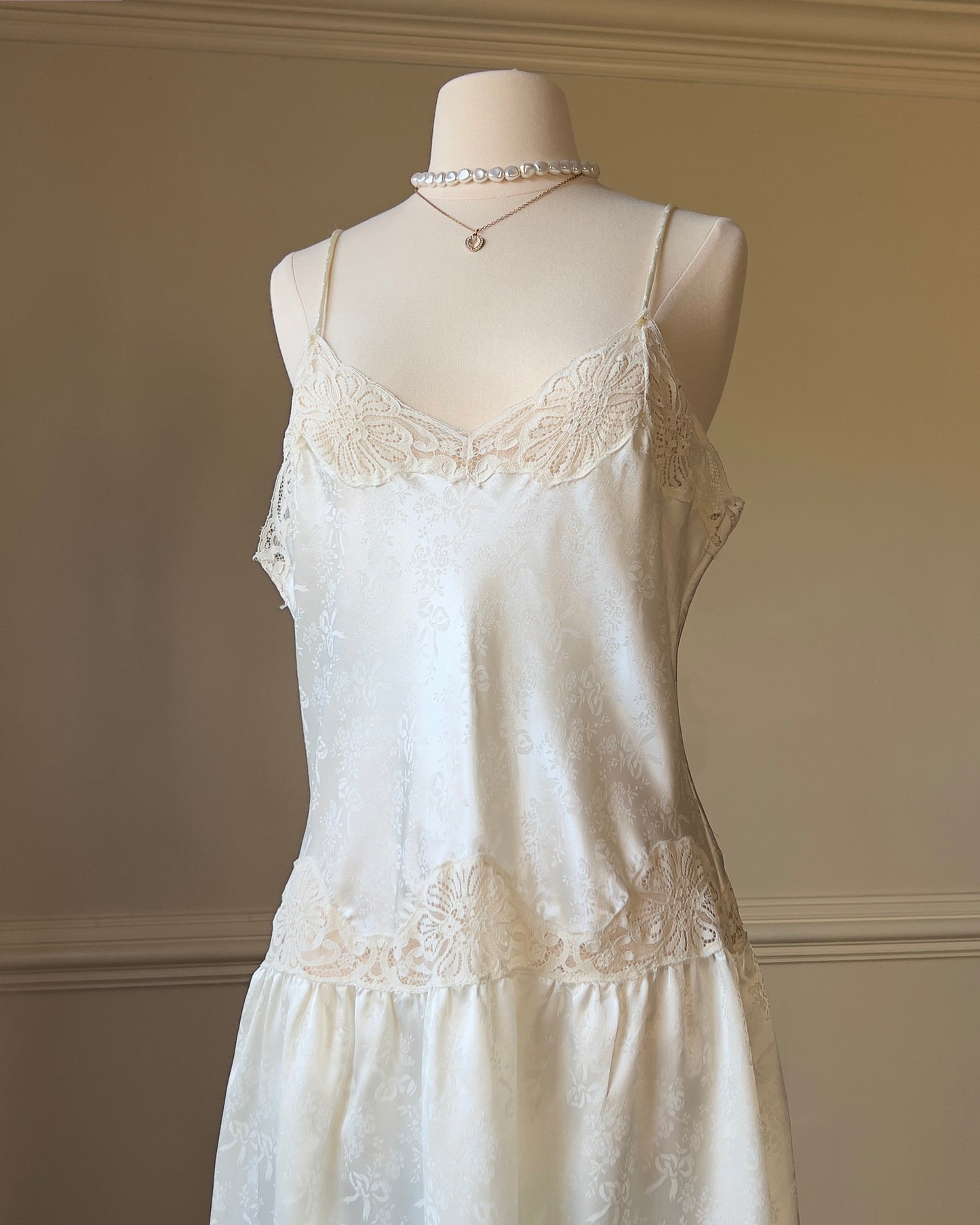 Vintage Floral Embossed Maxi Night Slip featuring Laced Details