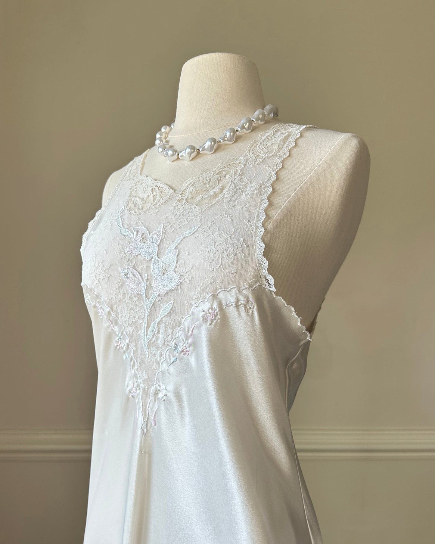 Vintage ivory satin slip dress with high neck and dreamy lace details