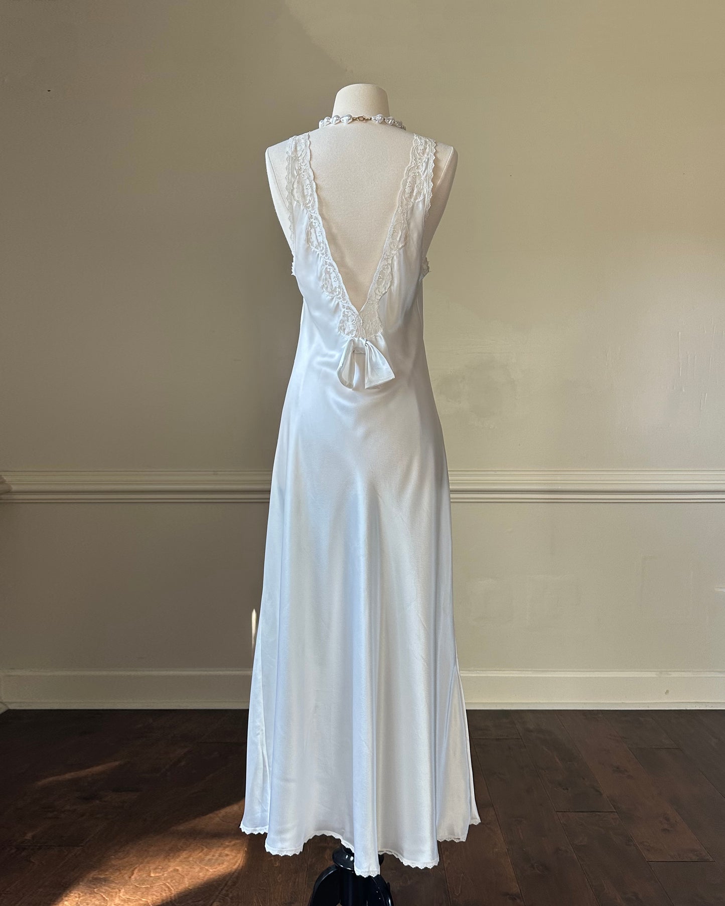 Vintage ivory satin slip dress with high neck and dreamy lace details