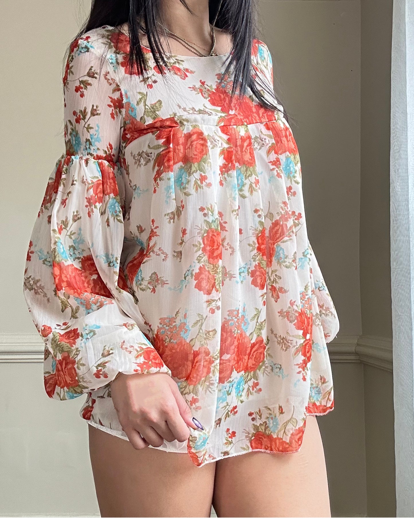 Vibrant Dress Blouse featuring Rosette and Floral Prints