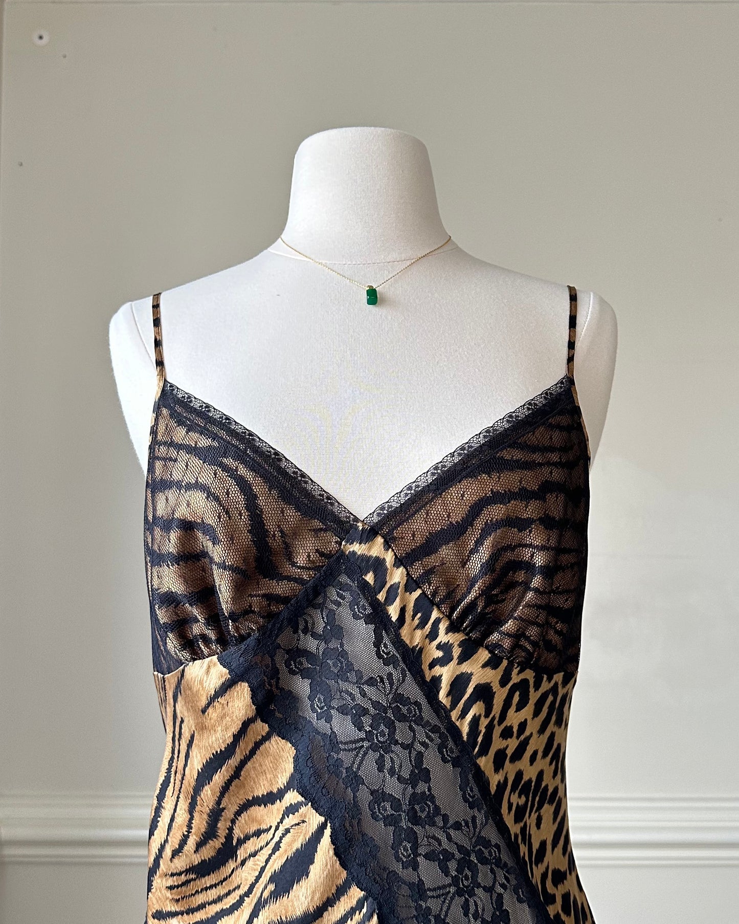 Victoria Secret’s Wild Animal Prints Slip Dress featuring Diagonal Sheer Lace Cutout
