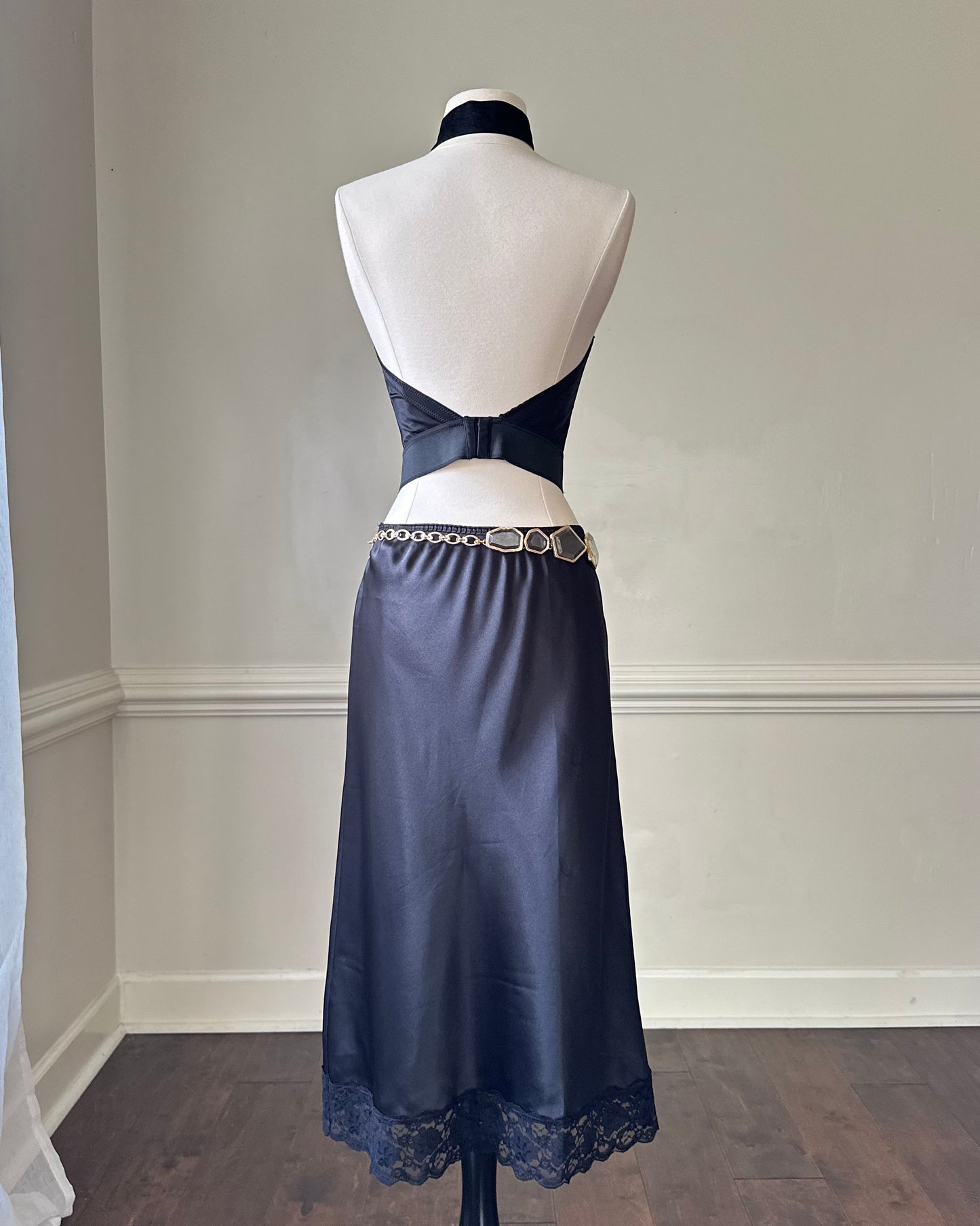 Sultry Midi Satin Skirt in Black featuring Floral Lace