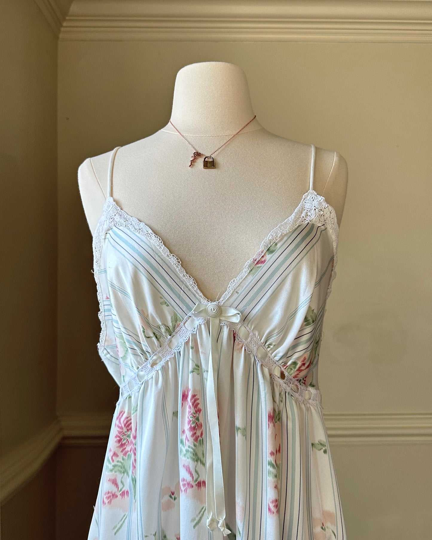 Stunning Vintage 90's Dior Maxi Satin Dress featuring Rosette Pattern with Pinstripes