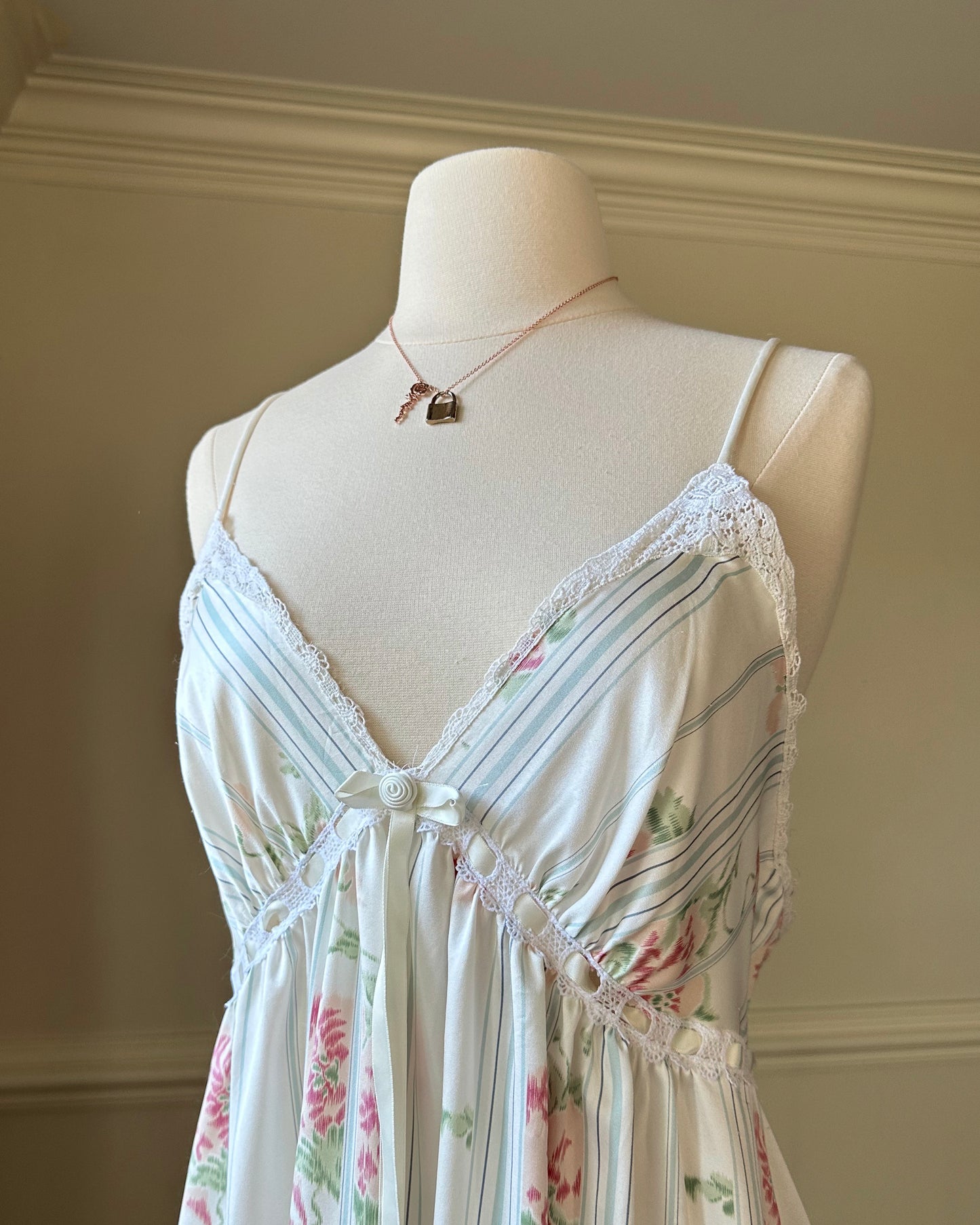 Stunning Vintage 90's Dior Maxi Satin Dress featuring Rosette Pattern with Pinstripes