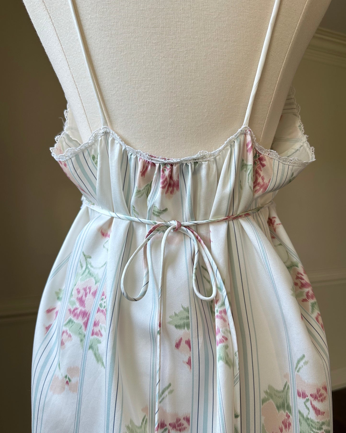 Stunning Vintage 90's Dior Maxi Satin Dress featuring Rosette Pattern with Pinstripes