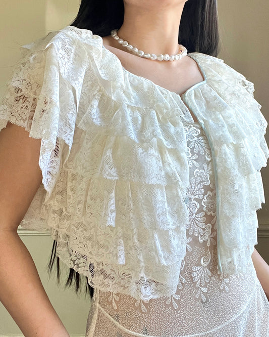 RARE Vintage Y2k Cropped Cardigan featuring Tiered Floral Lace in Vintage Cream
