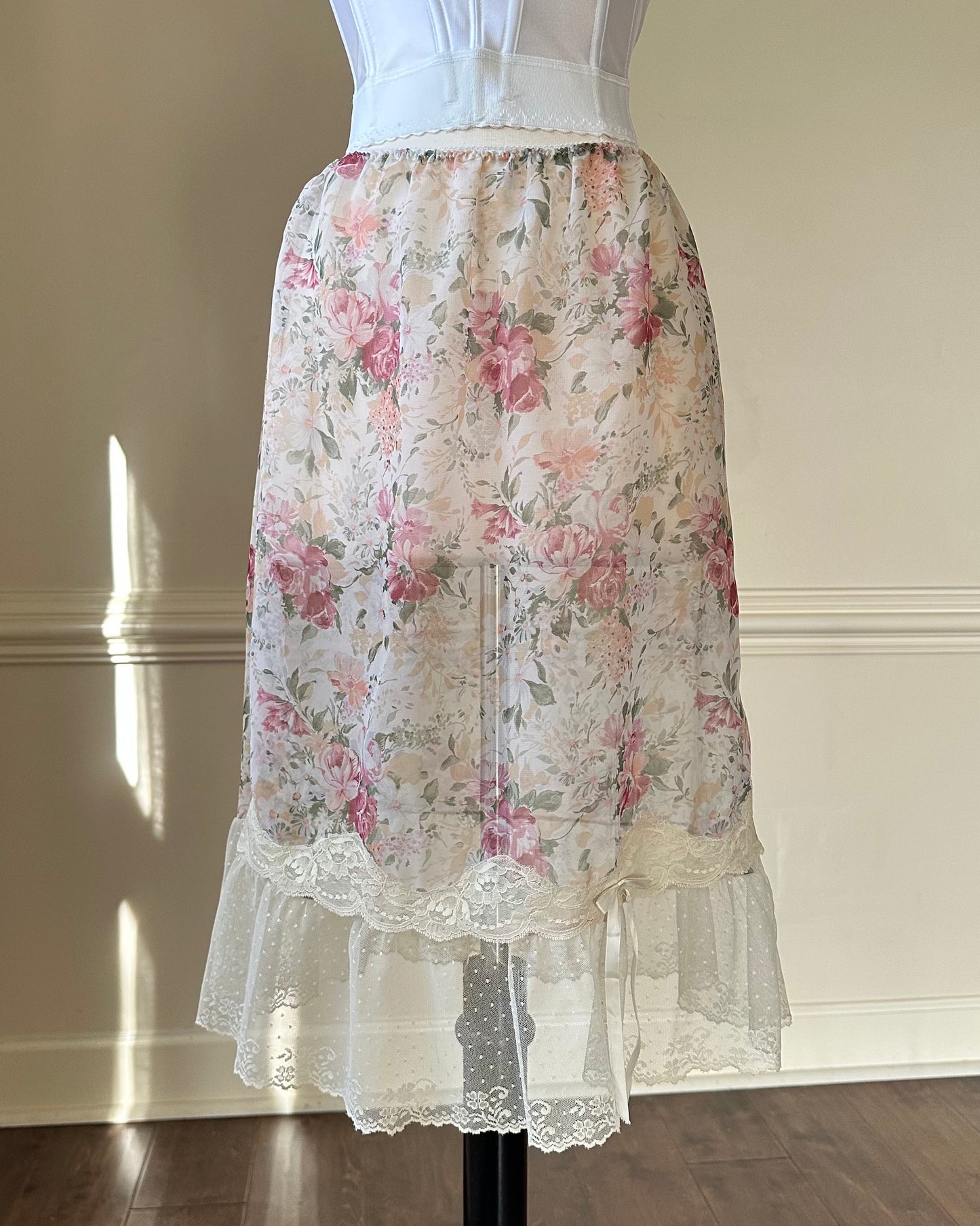 Dreamy Sheer Vintage Floral Dress featuring Rose Garden Prints with Soft Lace Skirt