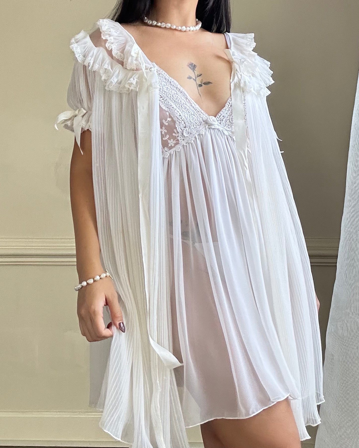 Victorian Inspired Sheer White Robes featuring Double Layered Ruffles Collar