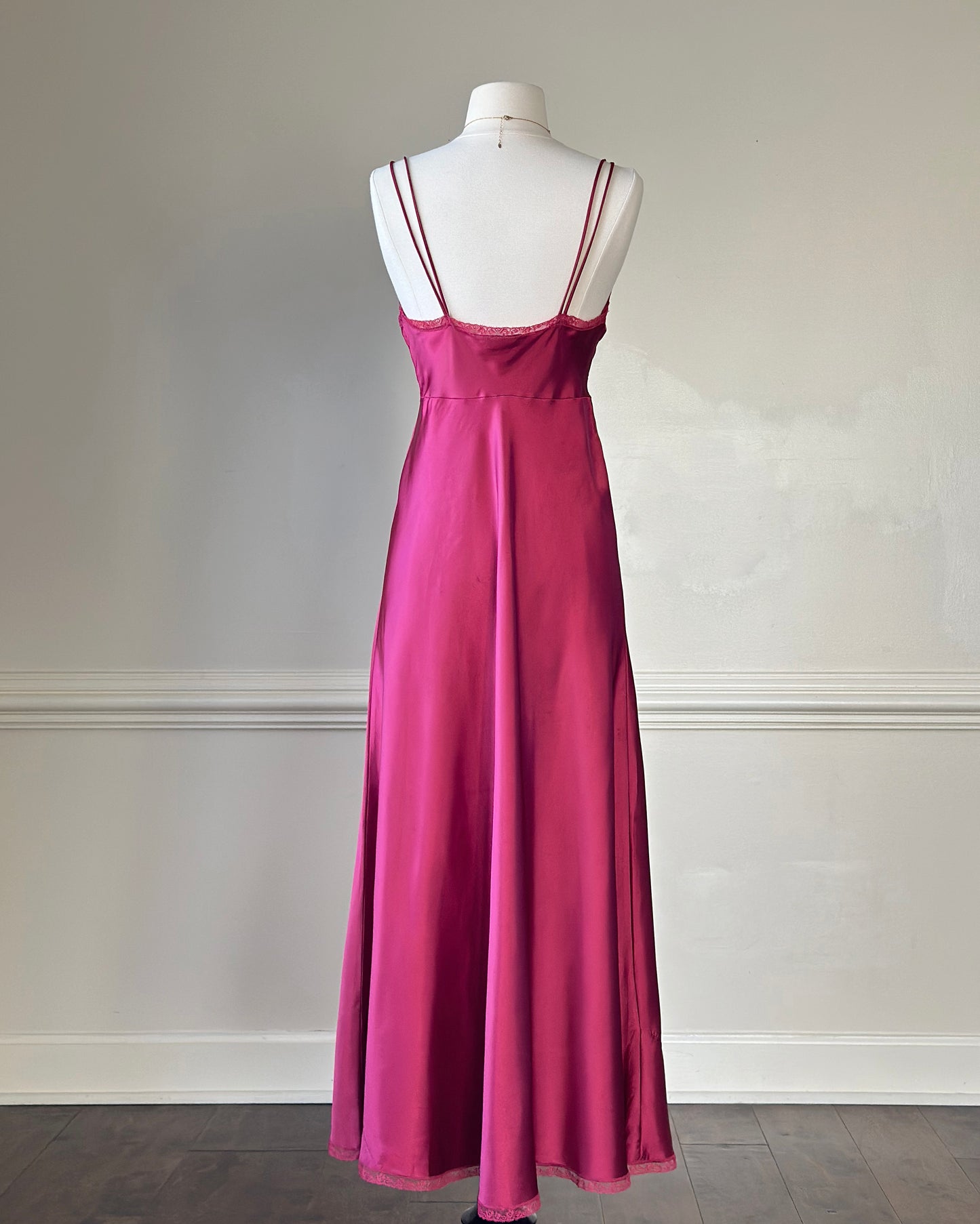 Vintage Dior maroon satin maxi dress featuring paisley embroidery bust