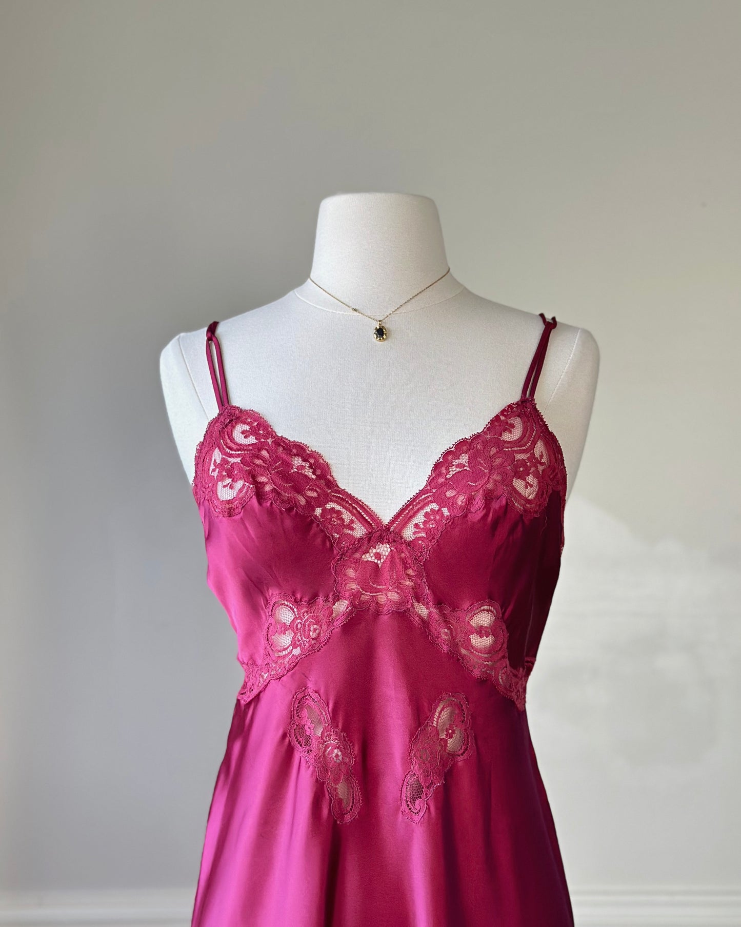 Vintage Dior maroon satin maxi dress featuring paisley embroidery bust