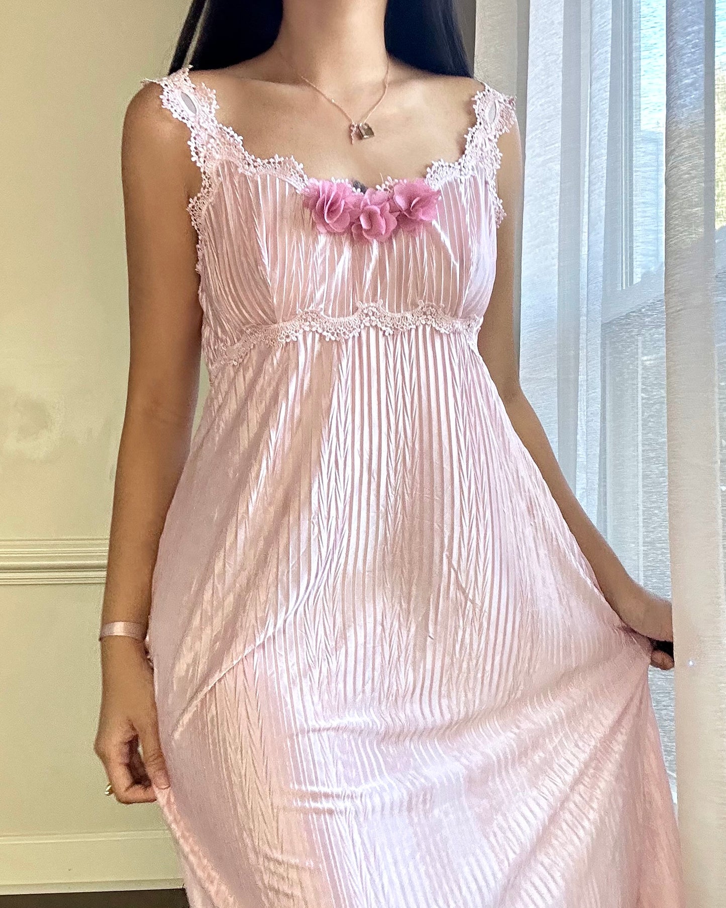 Vintage 90's Candy Midi Dress featuring Peony Adorned with Embroidery Details