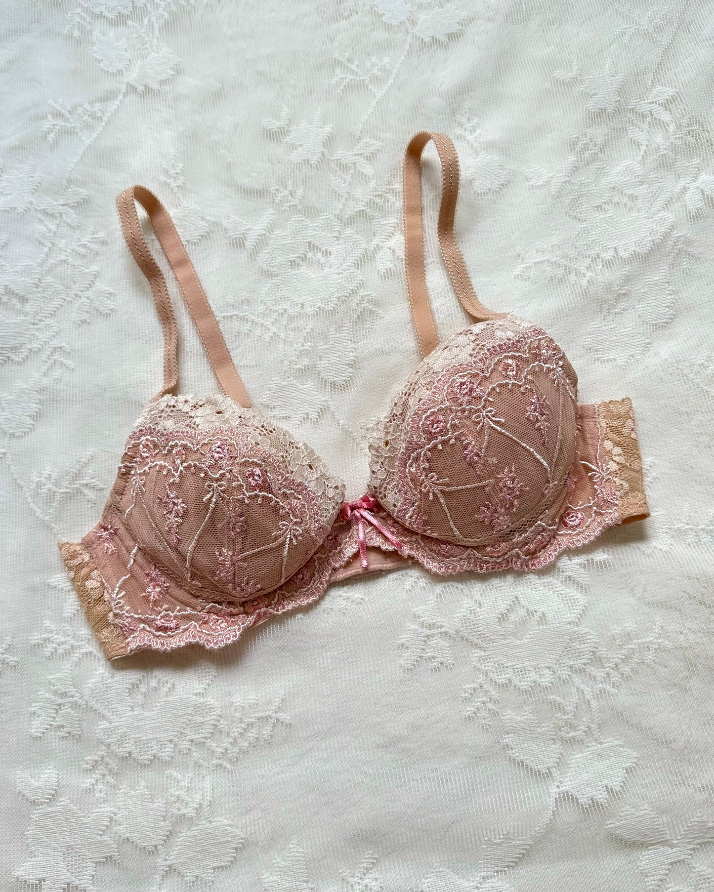 Elegant Vintage Rosy Bra with Ribbon Bows