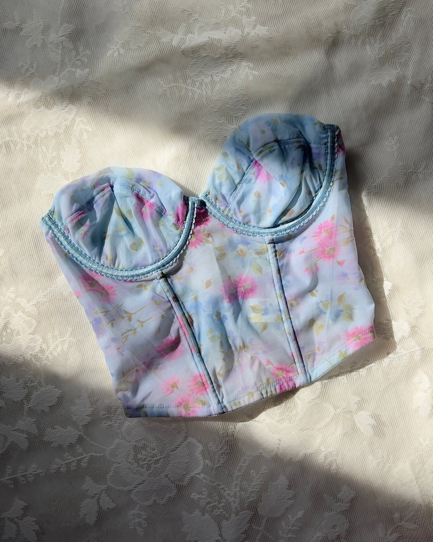 Adorable Spring Washed Floral Corset in Sheer Blue