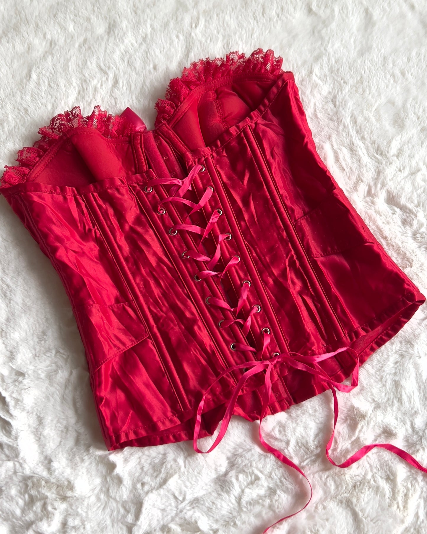 RARE Victoria’s Secret Strapless Bustier Corset in Ruby Red features Lace Sewn-in Cups Adorned with Bow